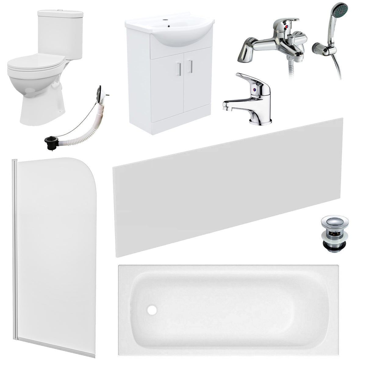 1700mm Round Bath With Front Panel, Vanity and Toilet, Bath Filler and Basin Mixer Tap