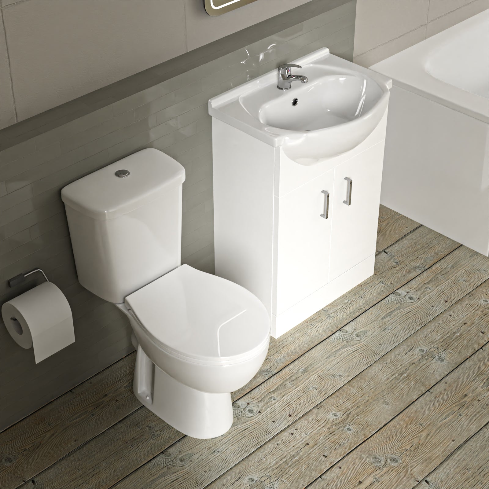 1700mm Round Bath With 550mm Vanity & Toilet, Bath Filler & Basin Mixer Tap