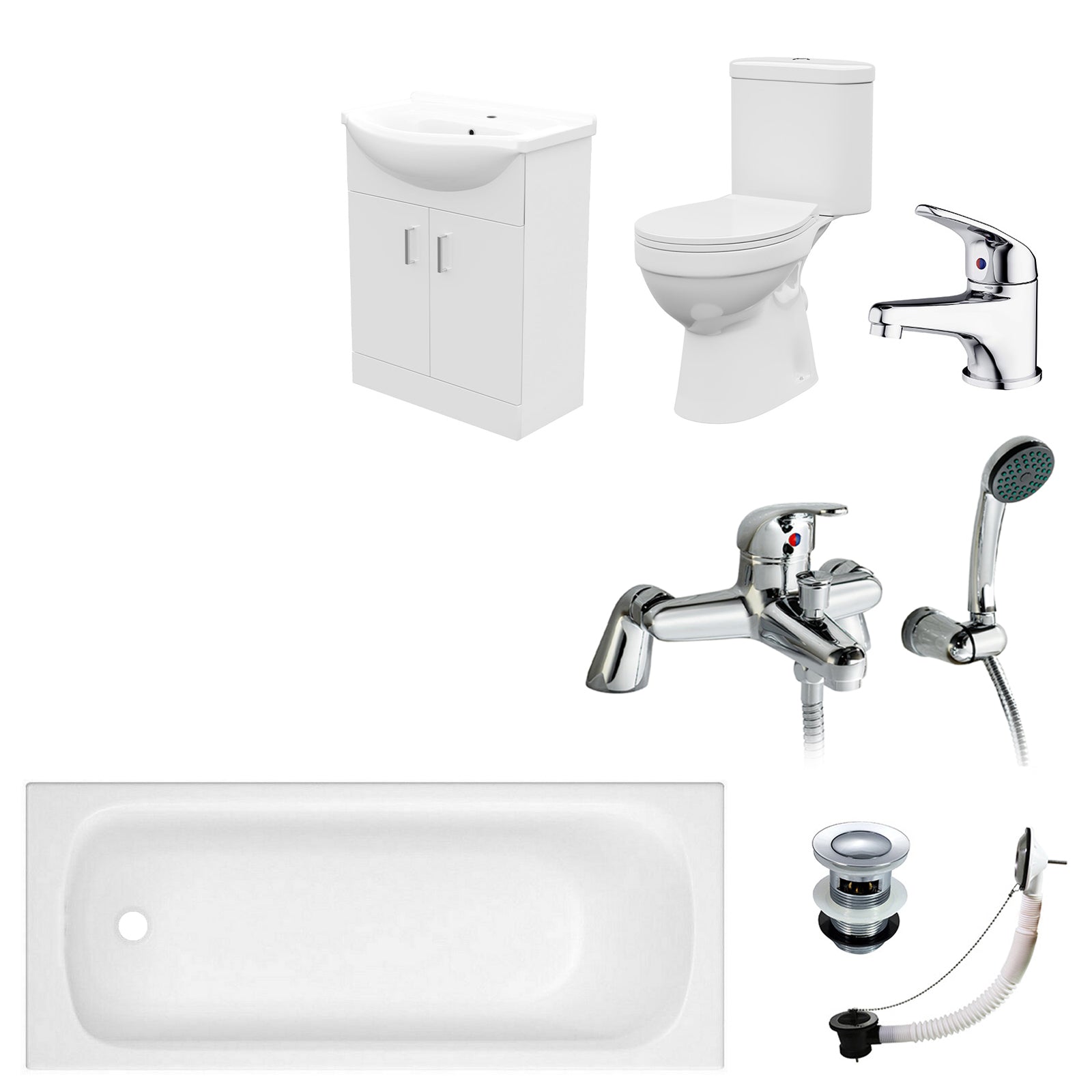 1700mm Round Bath With 550mm Vanity & Toilet, Bath Filler & Basin Mixer Tap