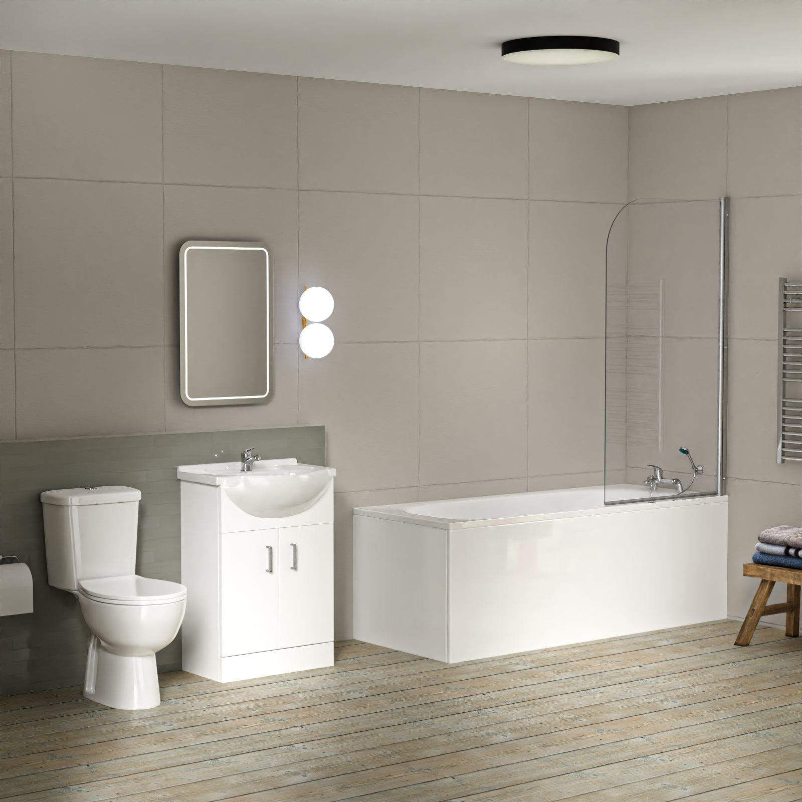 1700mm Round Bath With 550mm Vanity & Toilet, Bath Filler & Basin Mixer Tap