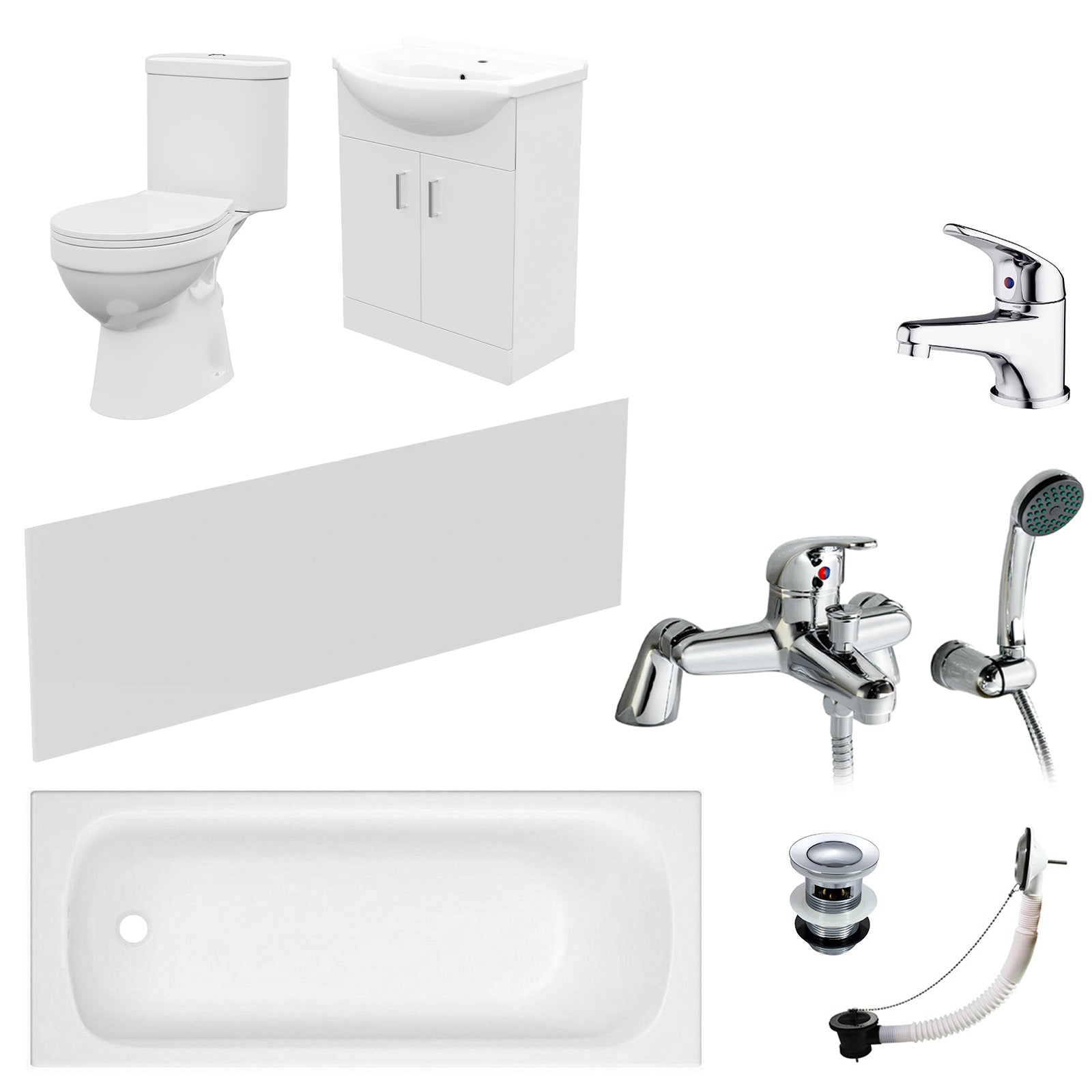 1700mm Bath With Front Panel, 550mm Vanity & Toilet, Bath Filler & Basin Mixer Tap With Waste