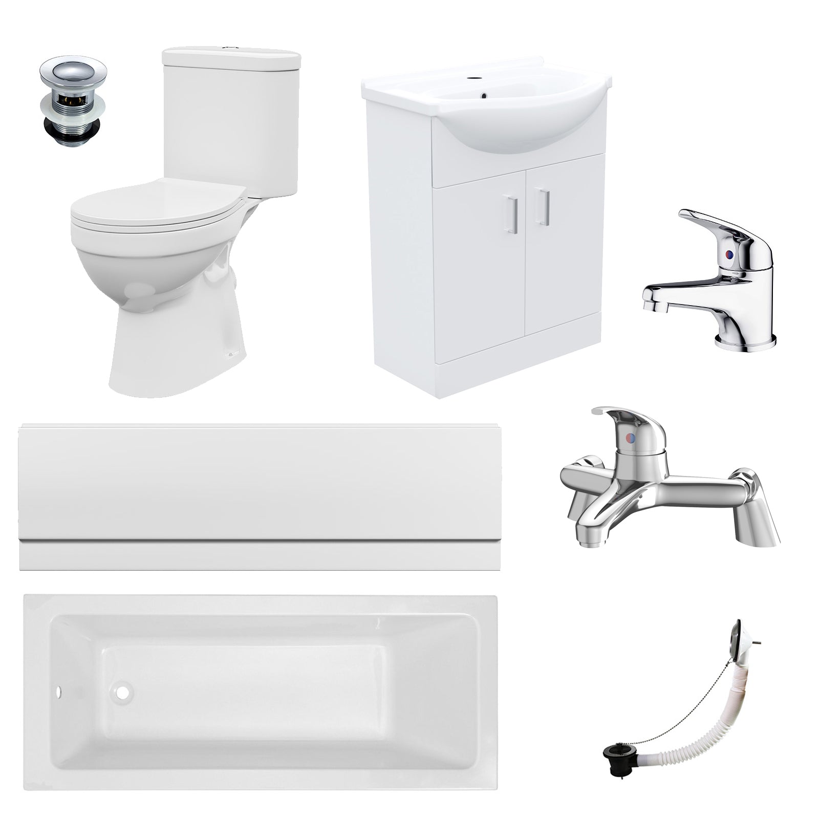 Bathroom Suite 1600mm Bathtub With Front Panel, Vanity and Toilet With Bath Filler