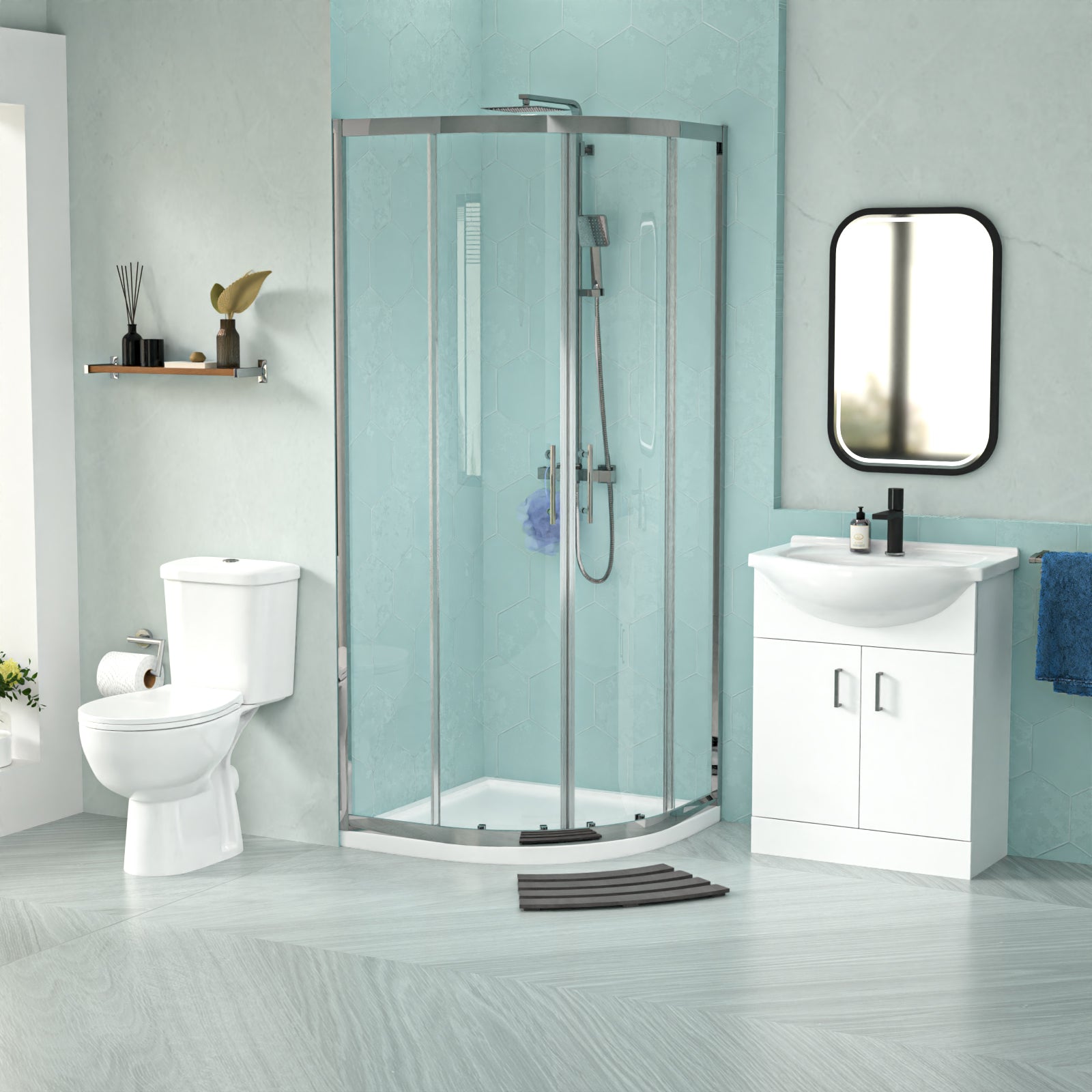 White 650mm Vanity 800mm Quadrant Shower Enclosure Toilet Tray Set