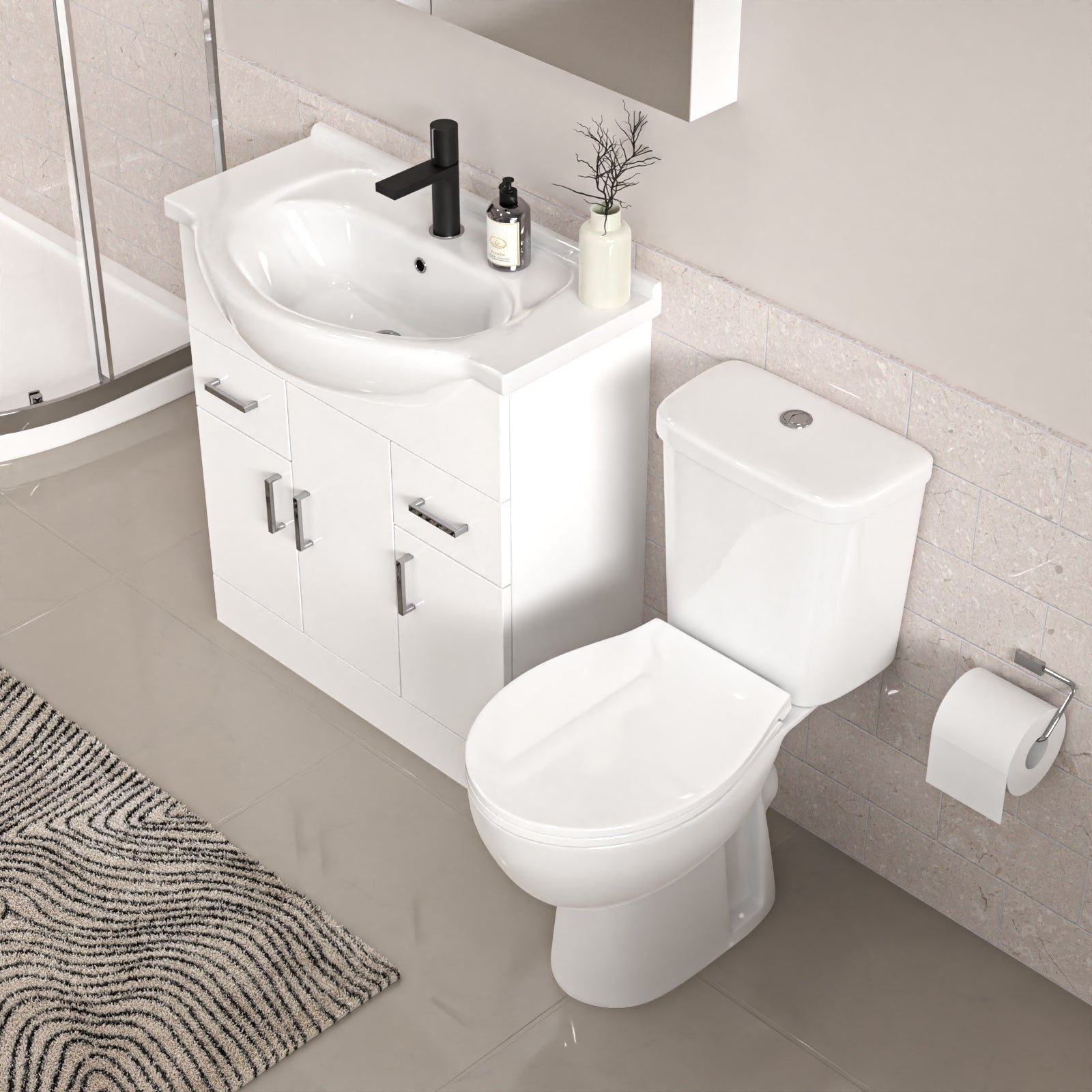 White 750mm Vanity 800mm Quadrant Shower Enclosure Toilet Tray Set