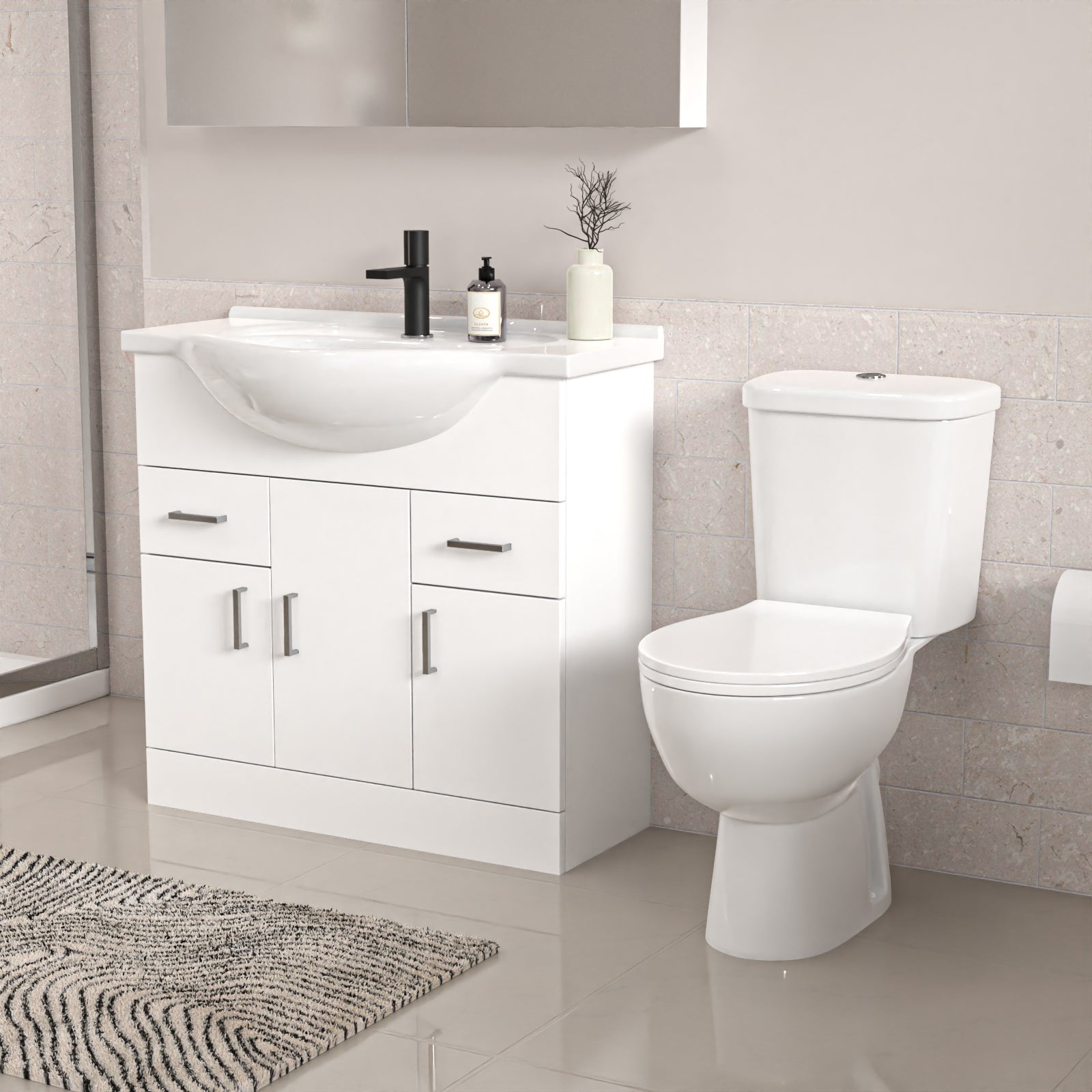 White 850mm Vanity 800mm Quadrant Shower Enclosure Toilet Tray Set