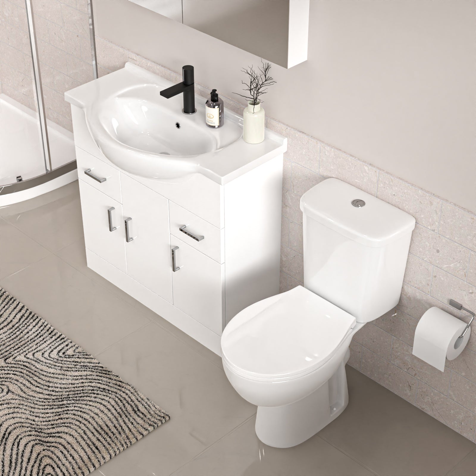 White 850mm Vanity 800mm Quadrant Shower Enclosure Toilet Tray Set