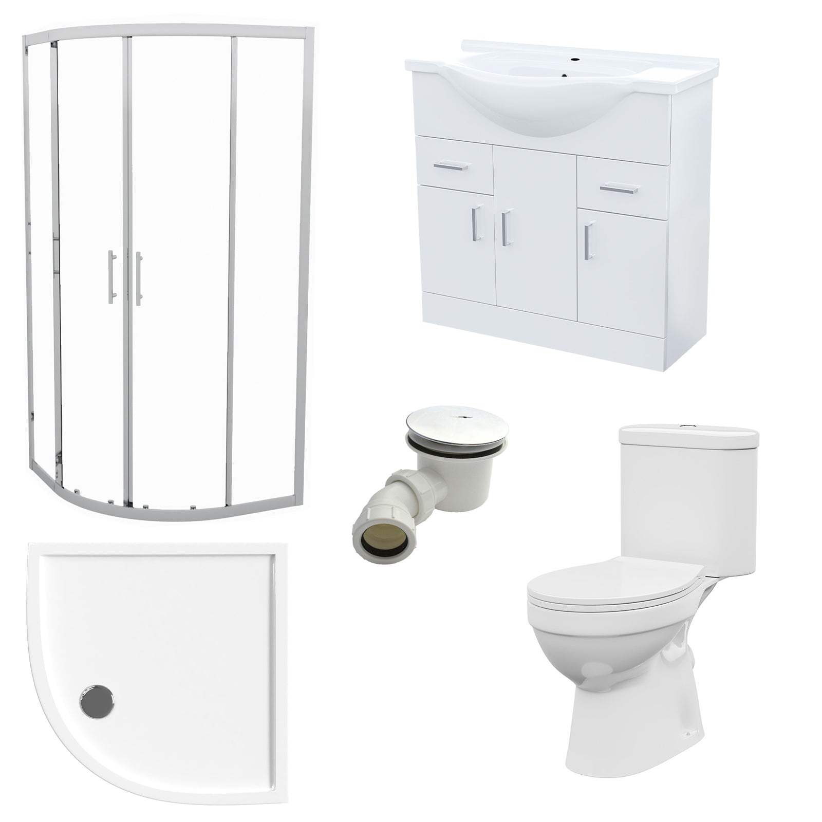 White 850mm Vanity 800mm Quadrant Shower Enclosure Toilet Tray Set