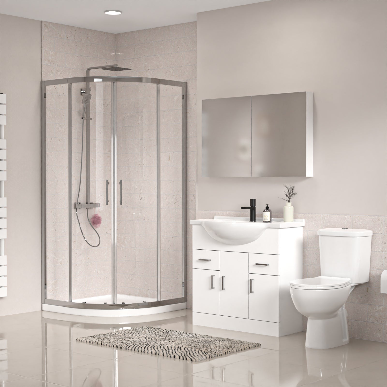 White 850mm Vanity 800mm Quadrant Shower Enclosure Toilet Tray Set