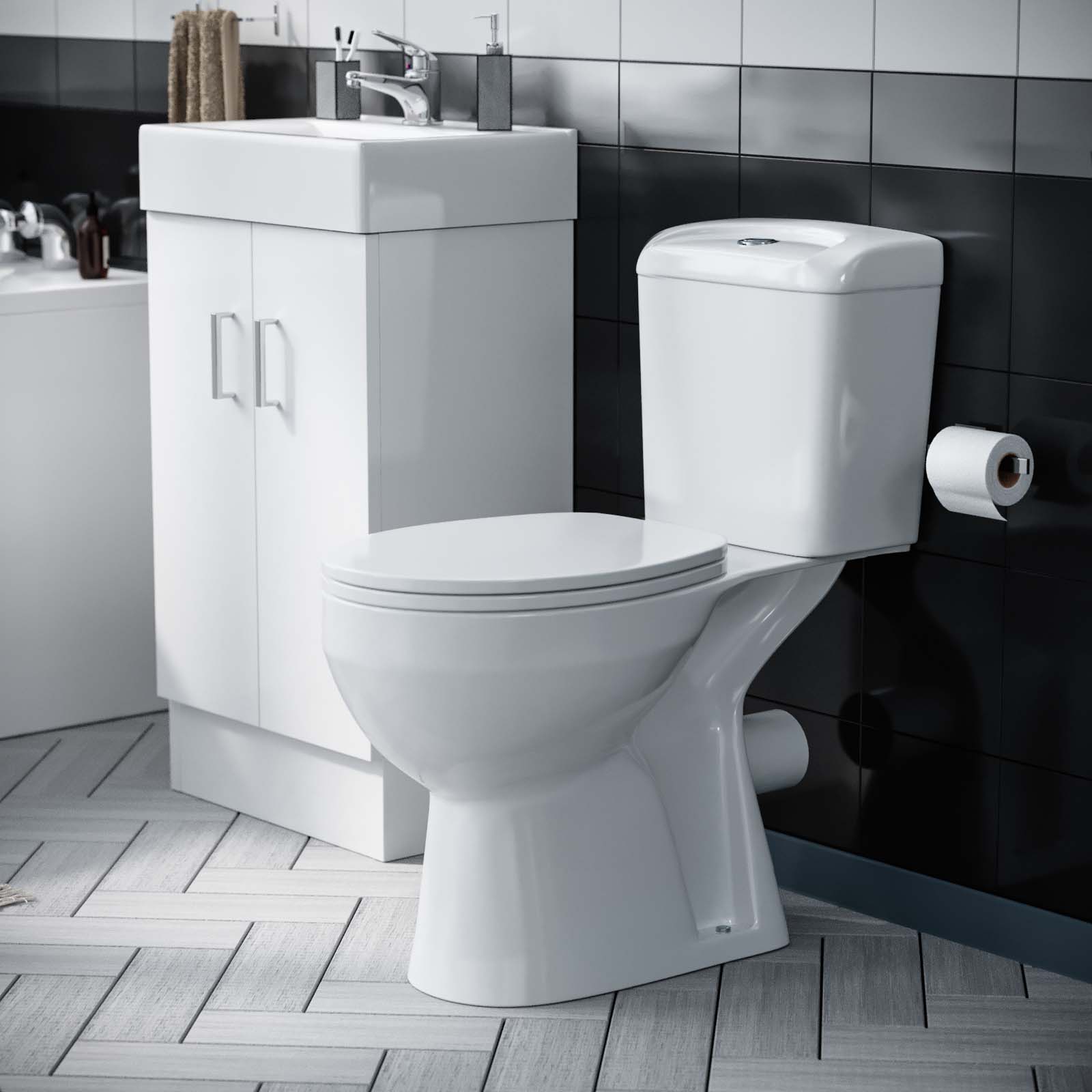 Nanuya 450mm Freestanding Basin Vanity Unit, Close Coupled Toilet & Round Bath