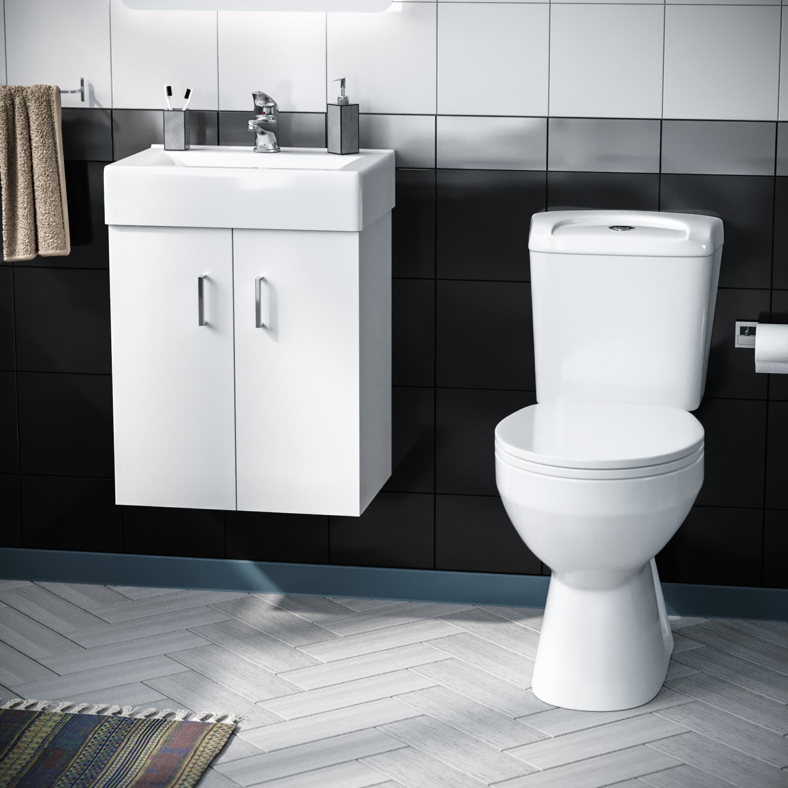 Nanuya Flat Pack 450mm Wall Hung Basin Vanity Unit & Close Coupled Toilet Set