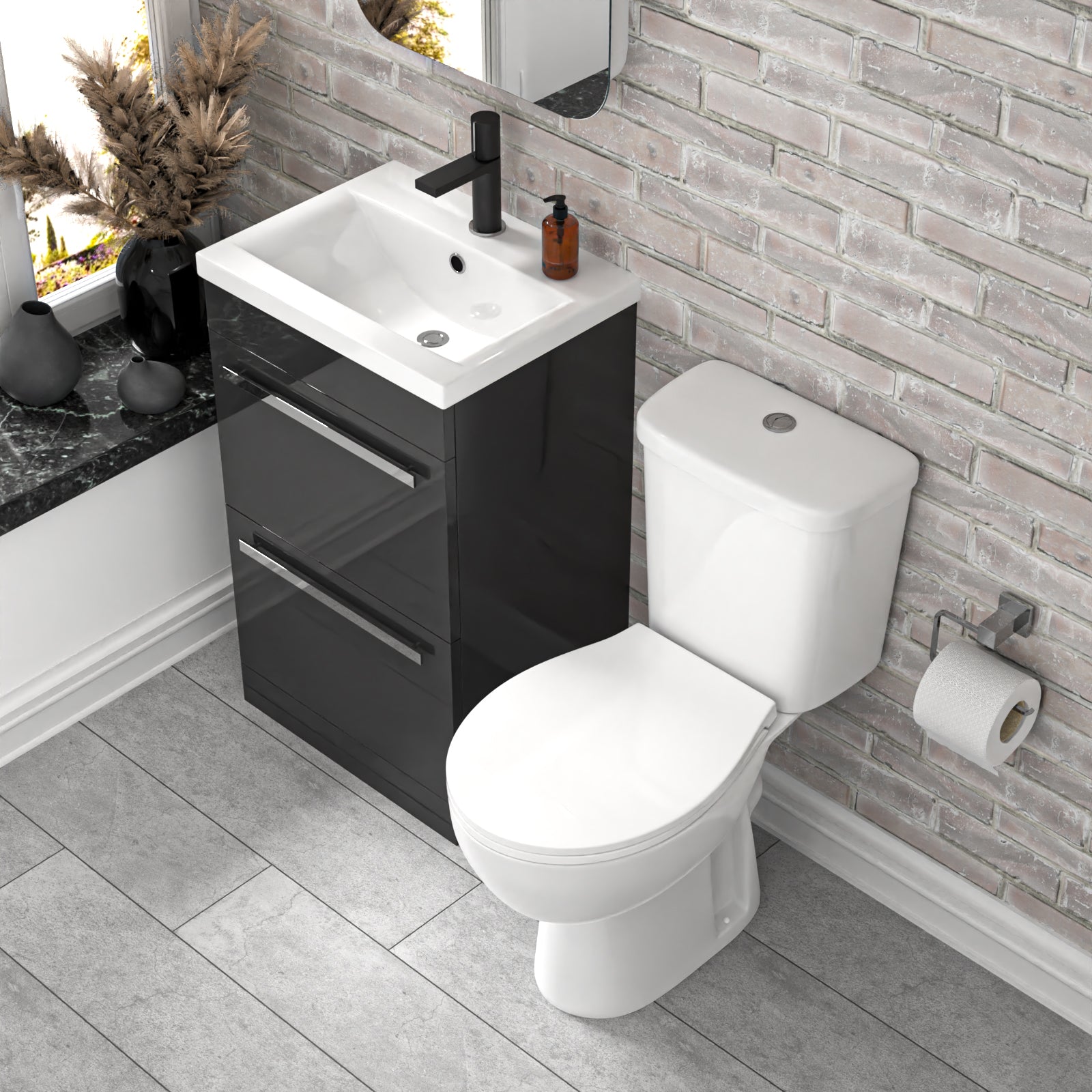 Nanuya 500mm Dark Grey 2 Drawers Vanity White Close Coupled Toilet