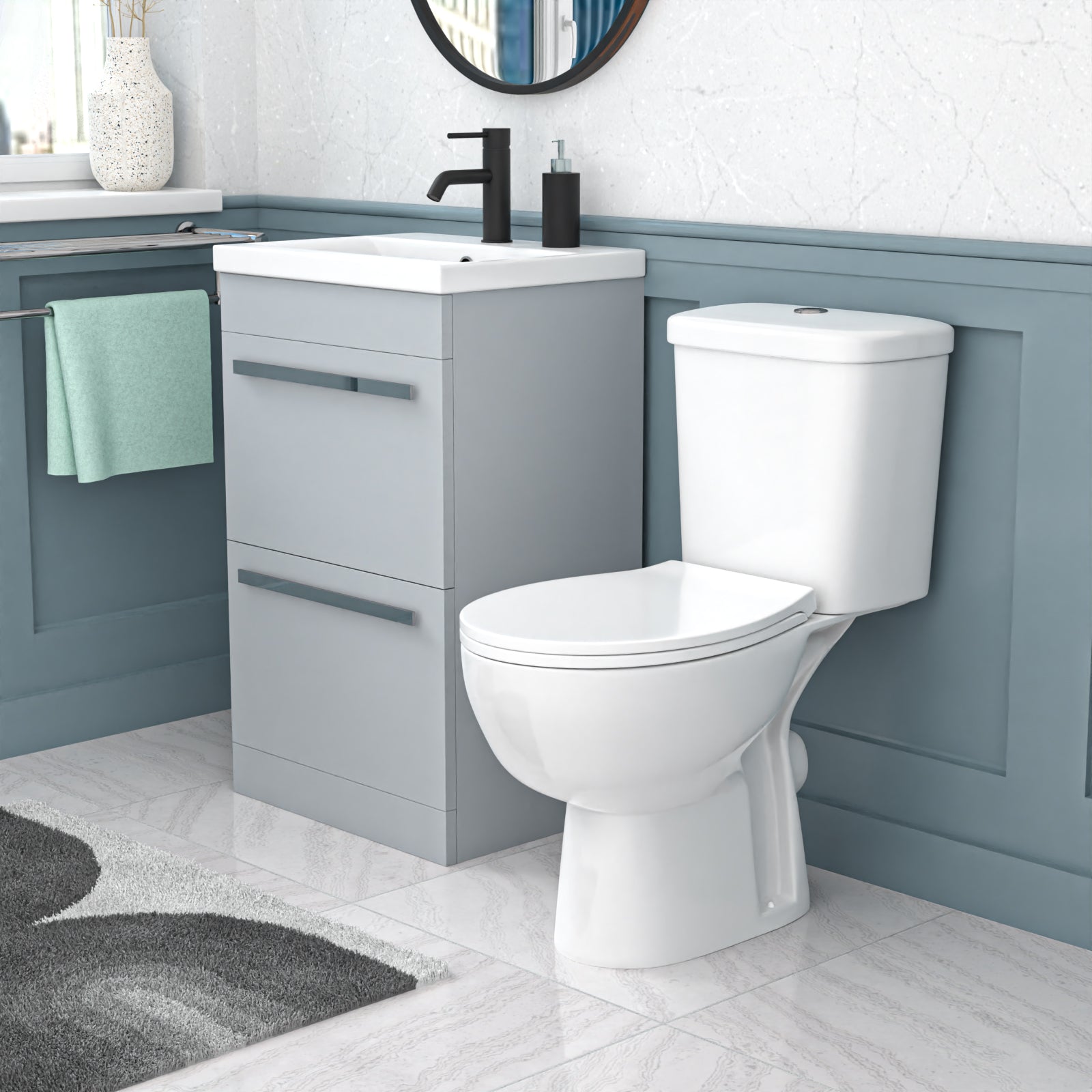 Nanuya 500mm Matte Grey 2 Drawers Vanity White Close Coupled Toilet