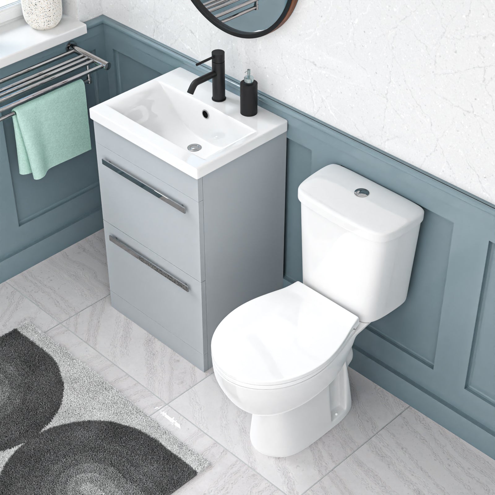 Nanuya 500mm Matte Grey 2 Drawers Vanity White Close Coupled Toilet