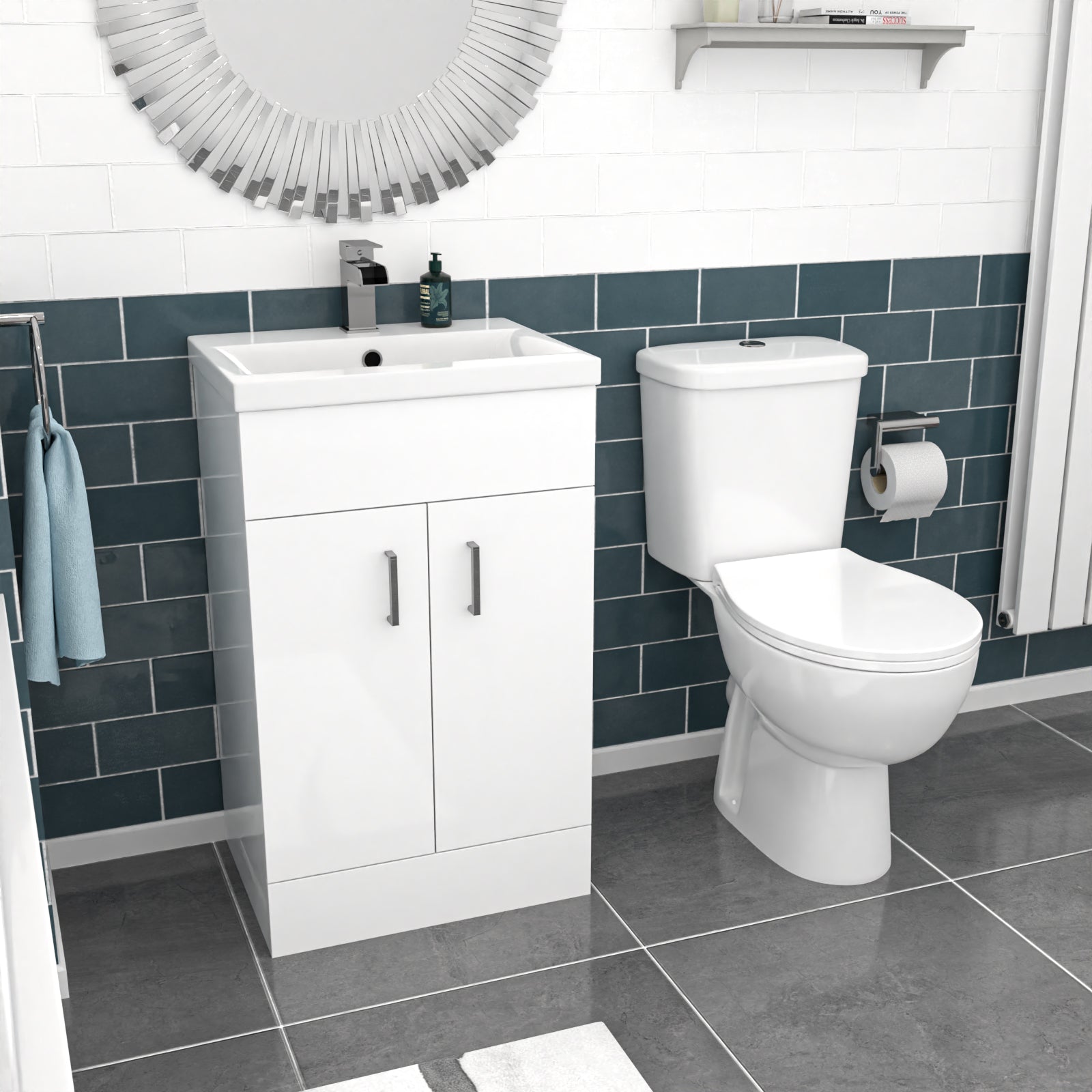 Nanuya 500mm Floorstanding Basin Vanity, Close Coupled Toilet & Round Bath
