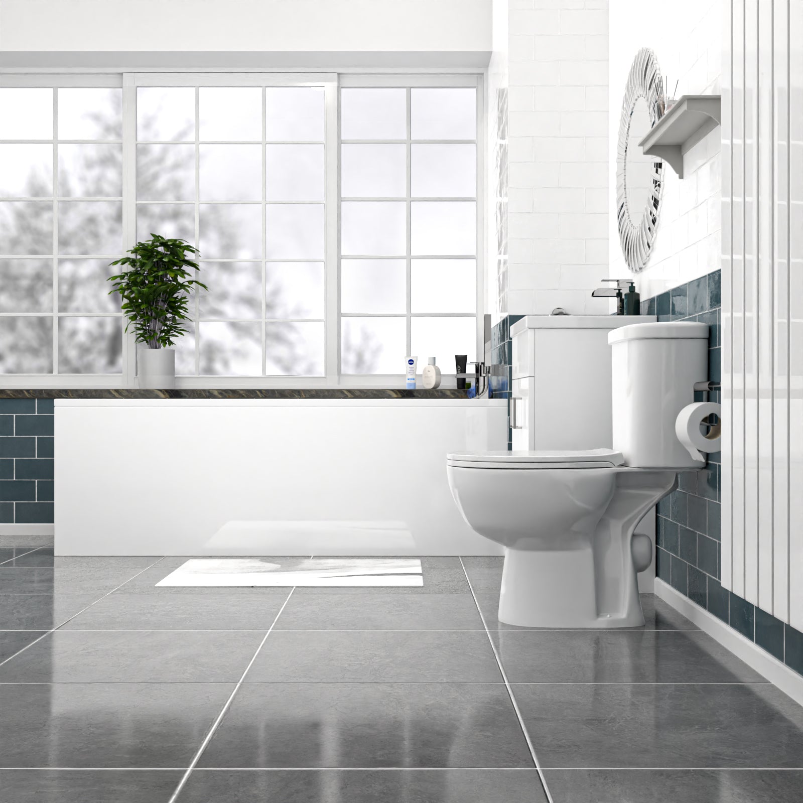 Nanuya 500mm Floorstanding Basin Vanity, Close Coupled Toilet & Round Bath