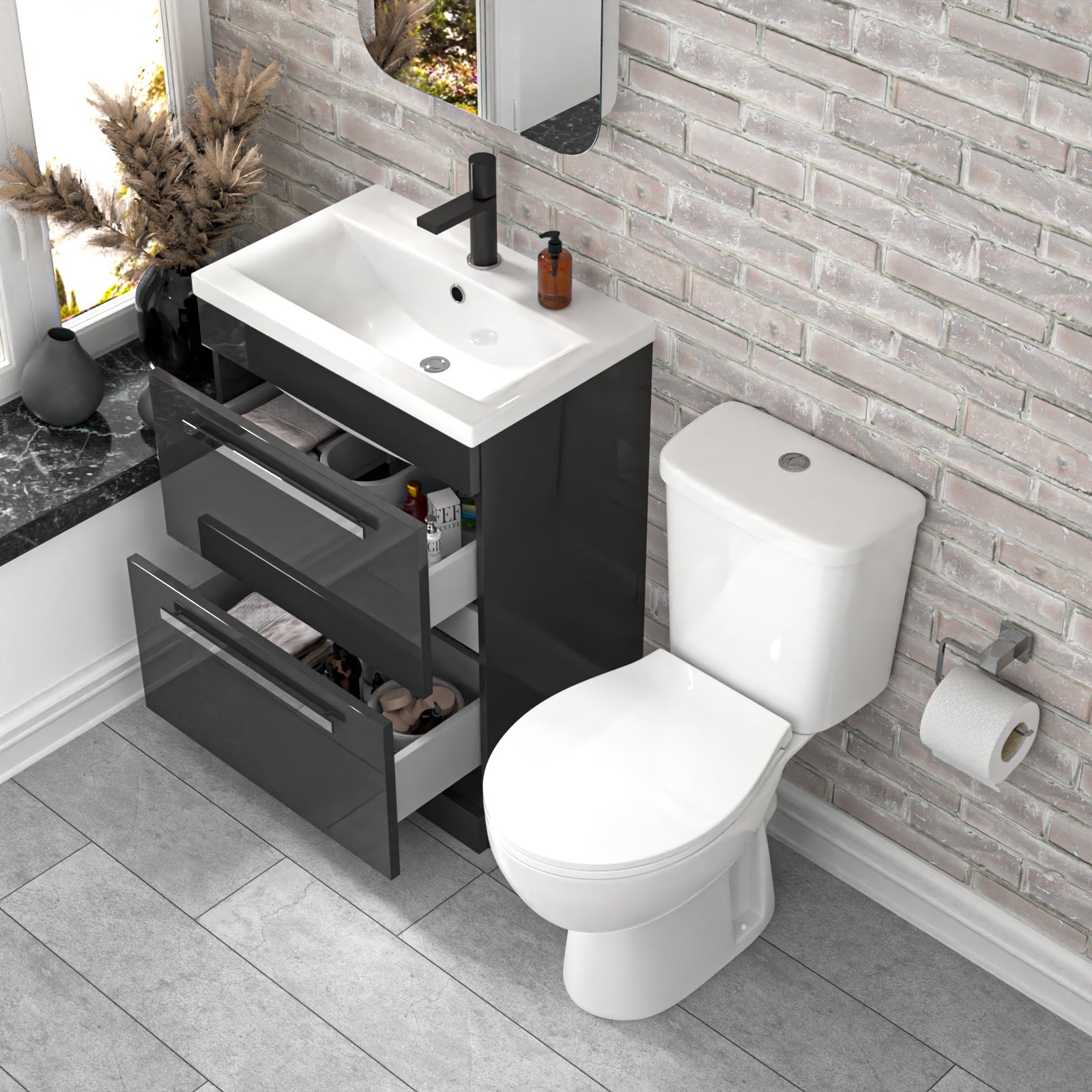 Nanuya 600mm Dark Grey 2 Drawers Basin Vanity Close Coupled Toilet