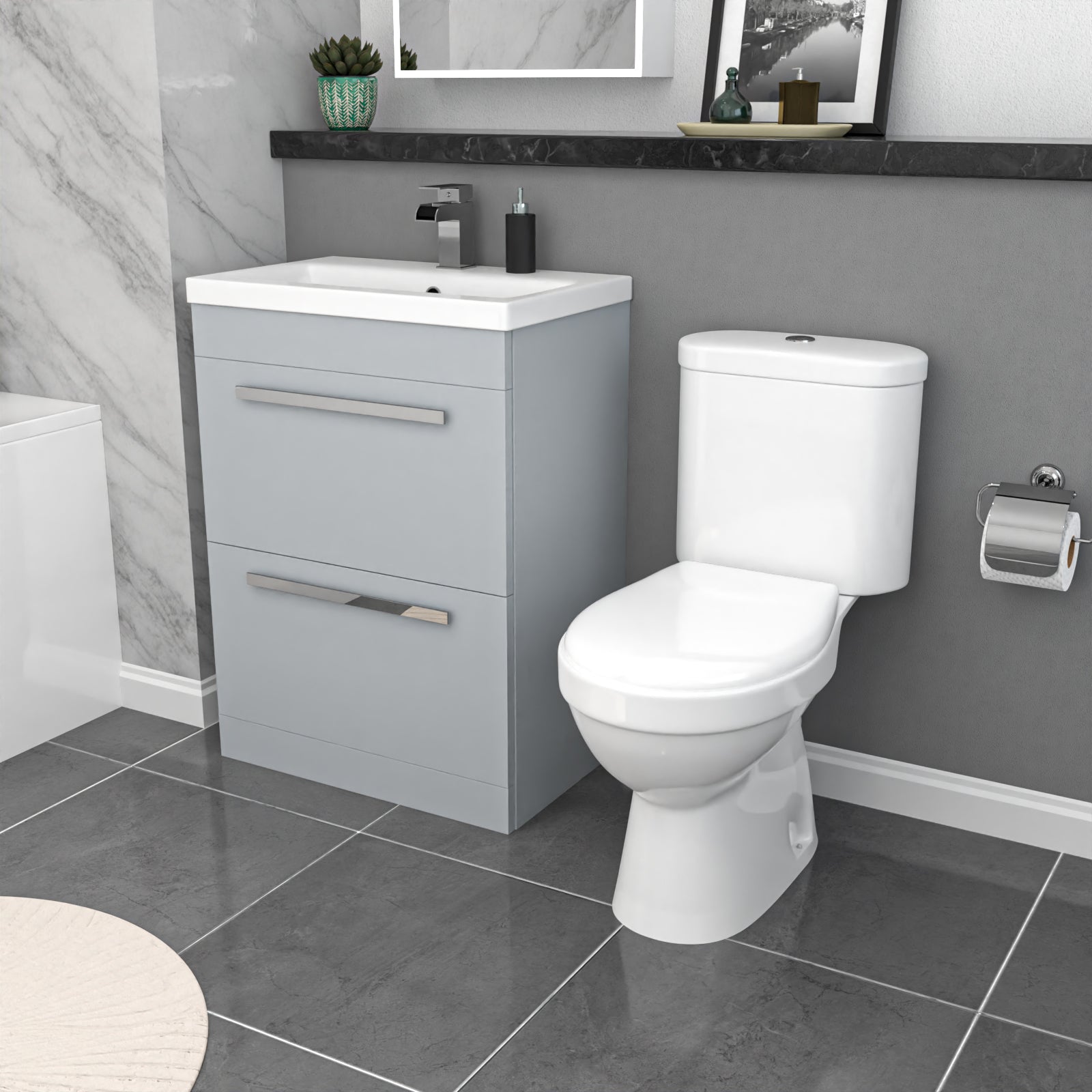 1700mm Bath, Close Coupled Toilet & Matte Grey Drawers Basin Vanity