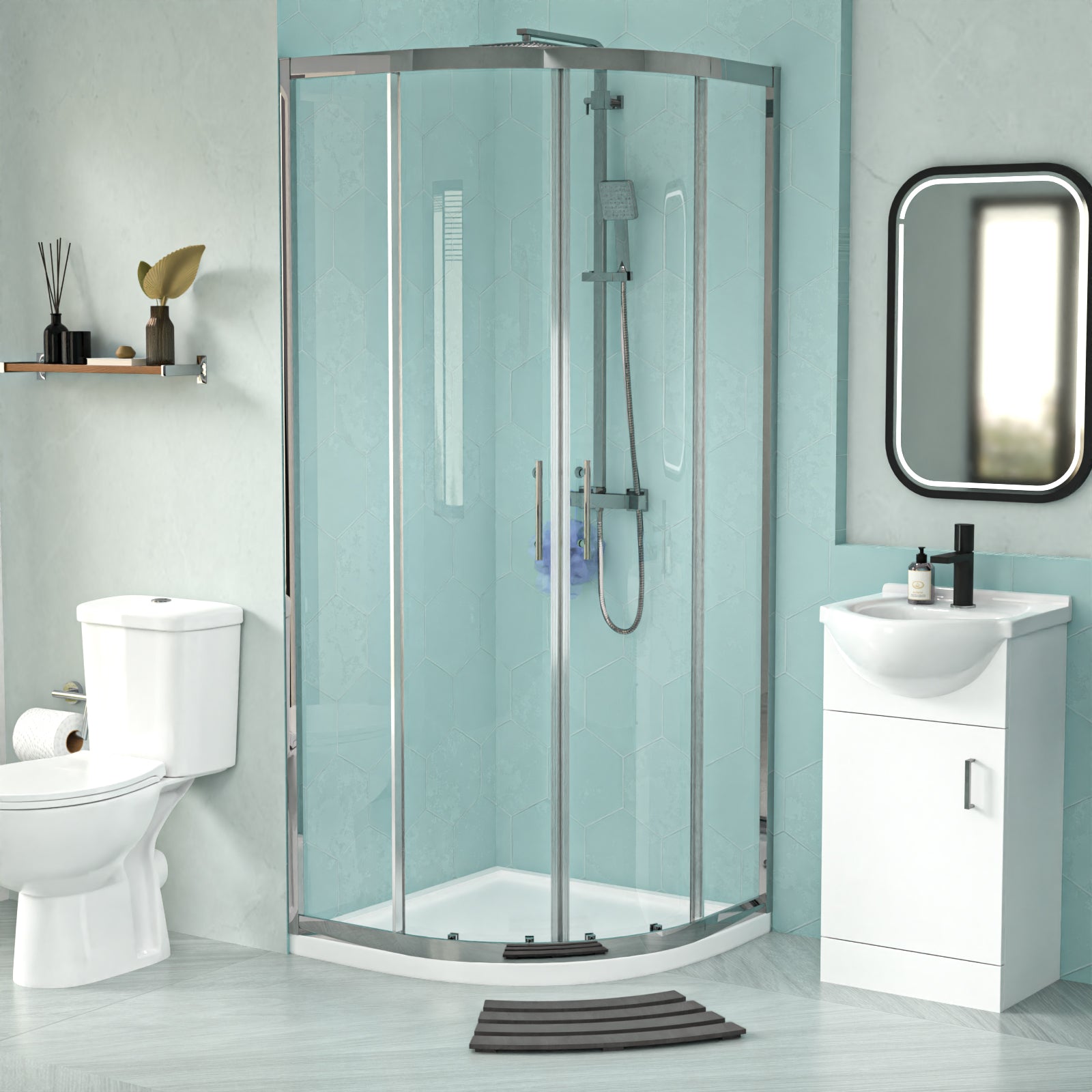 White 450mm Vanity 800mm Quadrant Shower Enclosure Toilet Tray Set