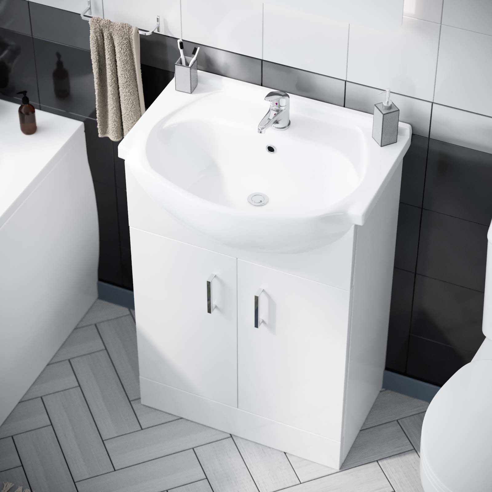 Bath Suite 1700mm Bath, 550mm White Basin Vanity, Toilet & Front Panel