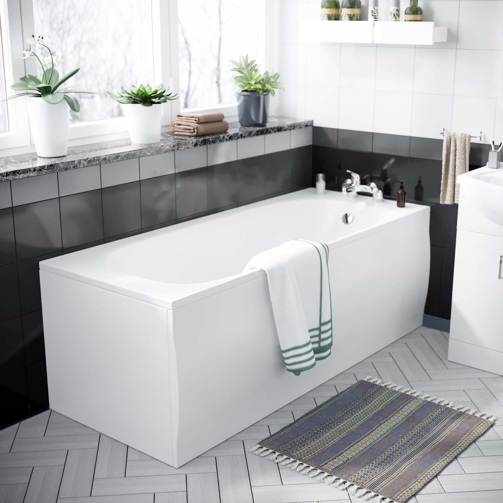 Bath Suite 1700mm Bath, 550mm White Basin Vanity, Toilet & Front Panel