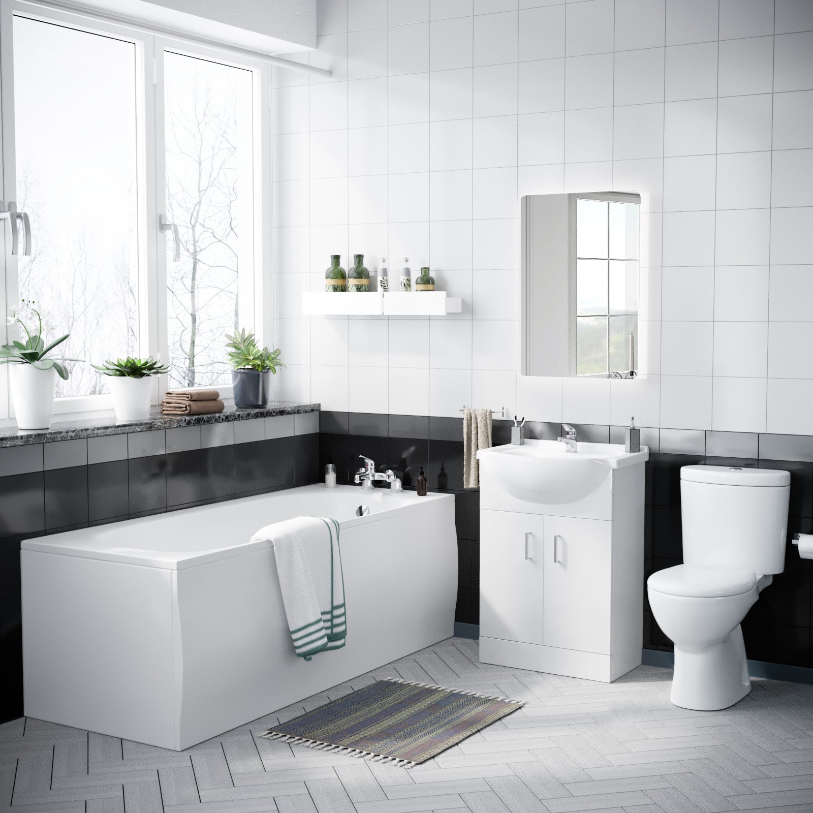 Bath Suite 1700mm Bath, 550mm White Basin Vanity, Toilet & Front Panel