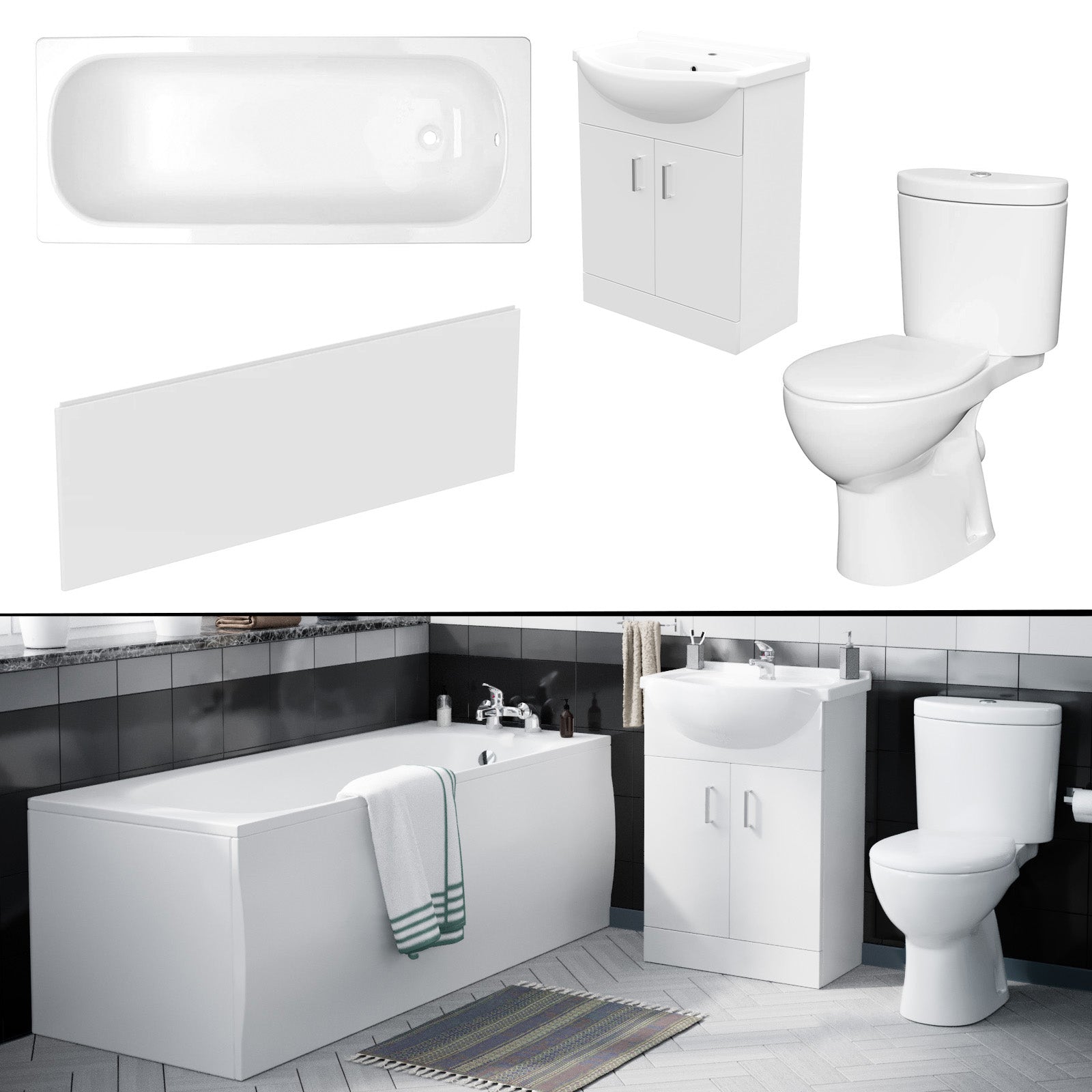 Bath Suite 1700mm Bath, 550mm White Basin Vanity, Toilet & Front Panel