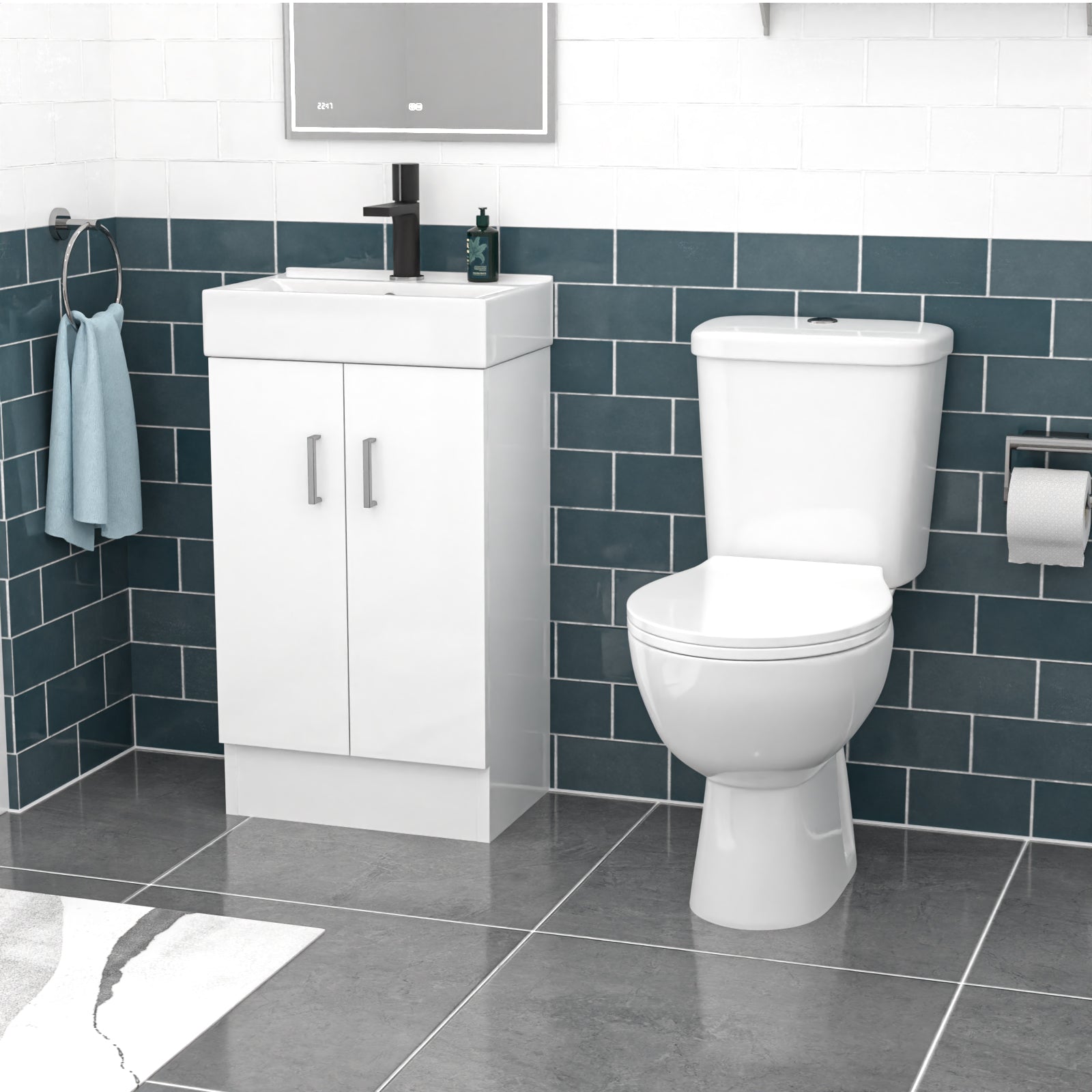 Nanuya 450mm Floorstanding Basin Vanity, Close Coupled Toilet & Round Bath