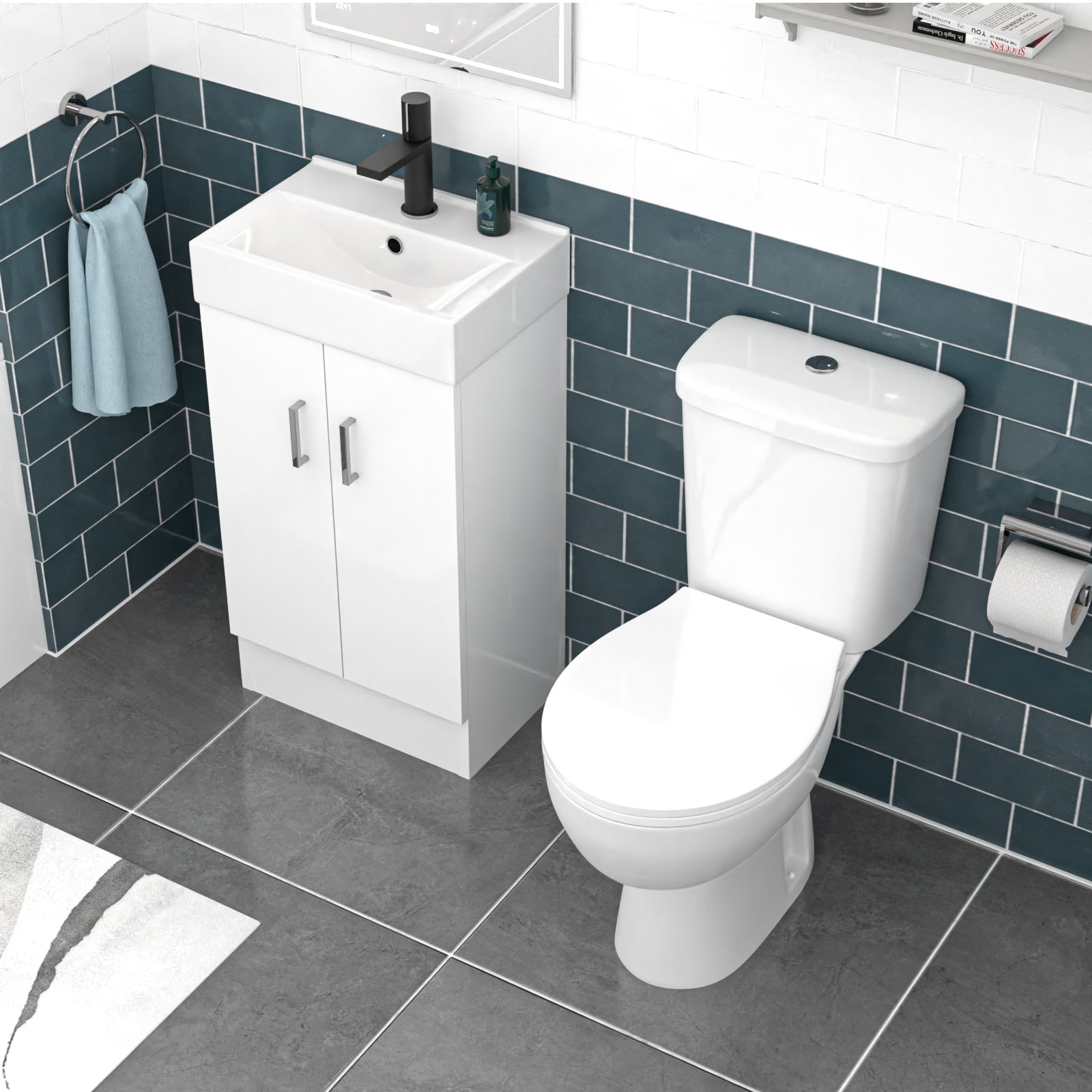 Nanuya 450mm Floorstanding Basin Vanity, Close Coupled Toilet & Round Bath