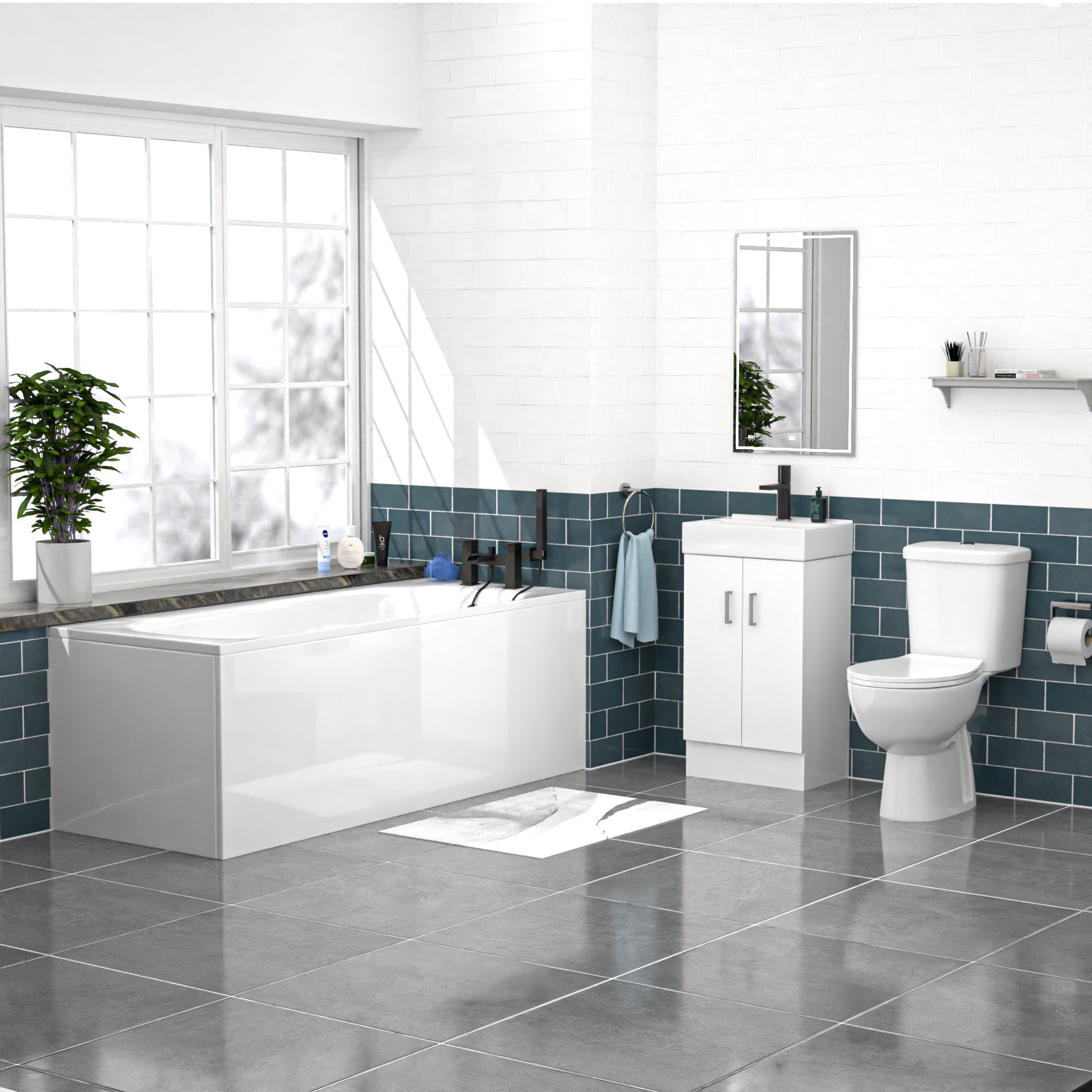 Nanuya 450mm Floorstanding Basin Vanity, Close Coupled Toilet & Round Bath