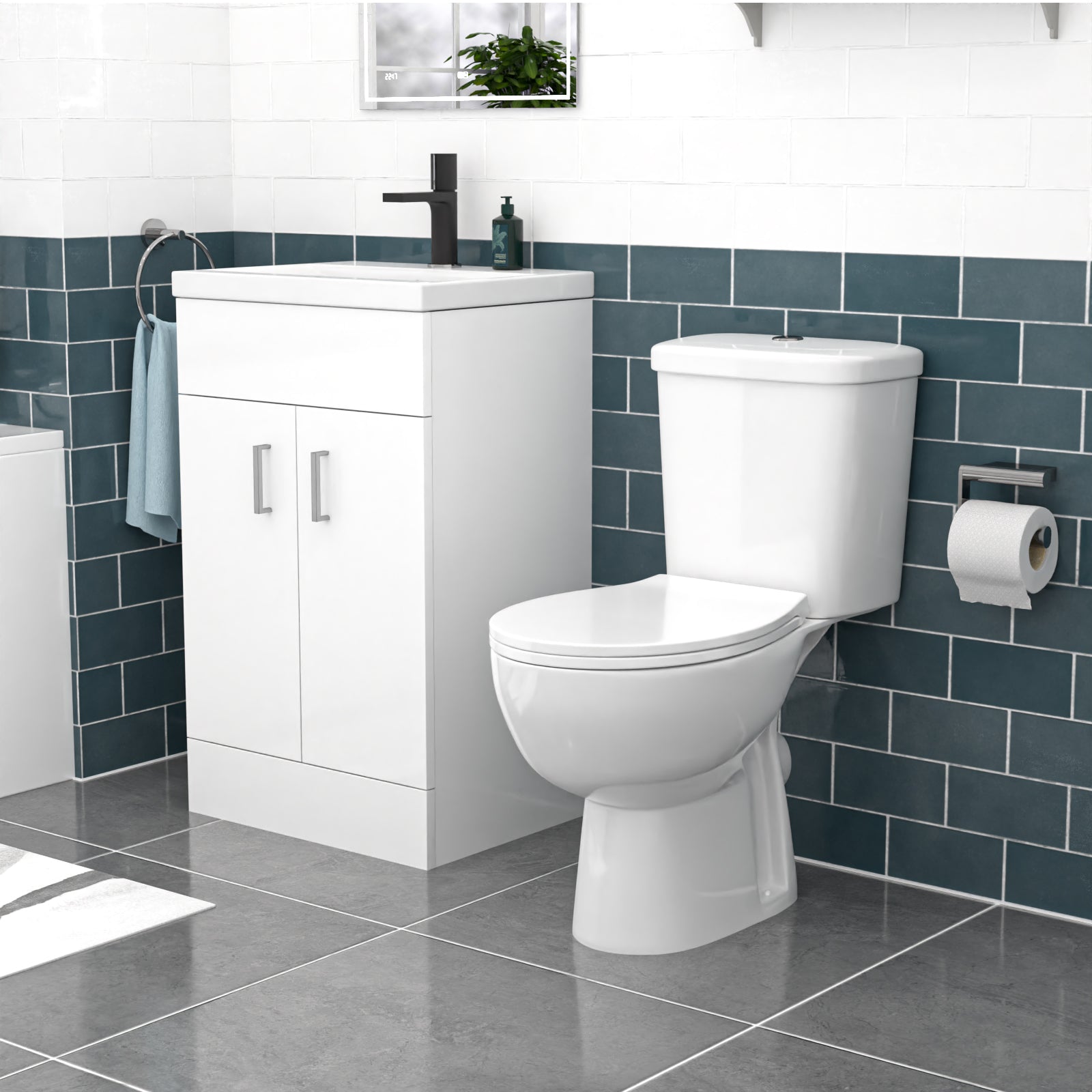 Nanuya 500mm Floorstanding Basin Vanity, Close Coupled Toilet & Round Bath