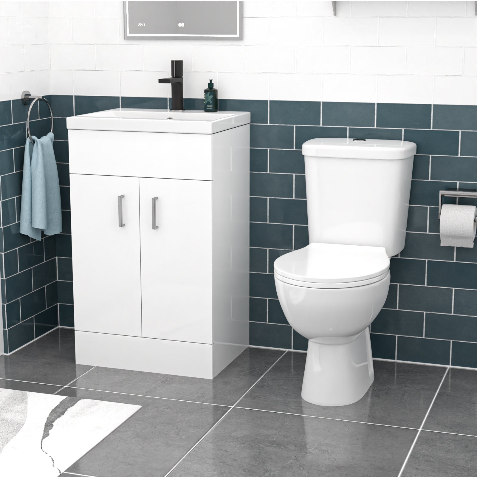 Nanuya 500mm Floorstanding Basin Vanity, Close Coupled Toilet & Round Bath