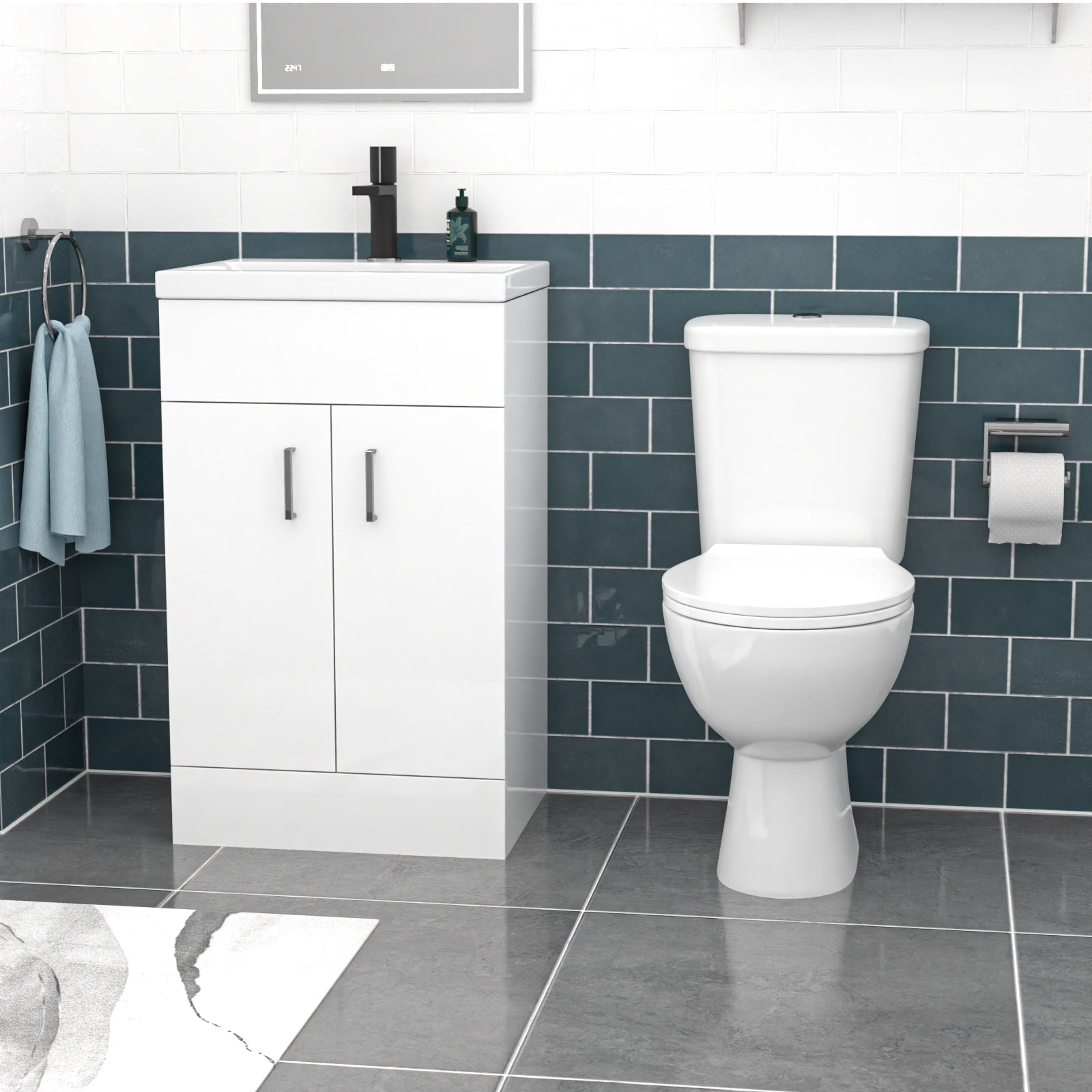 Nanuya 500mm Floorstanding Basin Vanity, Close Coupled Toilet & Round Bath