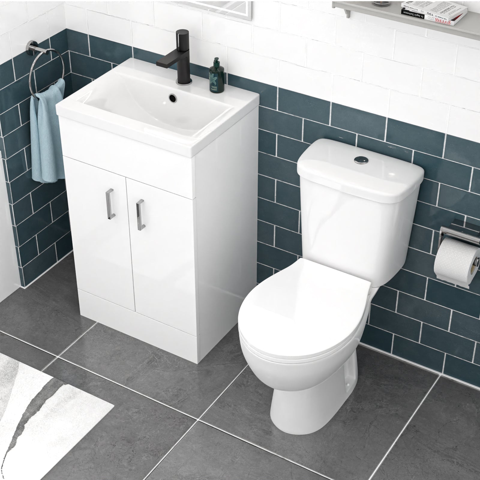 Nanuya 500mm Floorstanding Basin Vanity, Close Coupled Toilet & Round Bath
