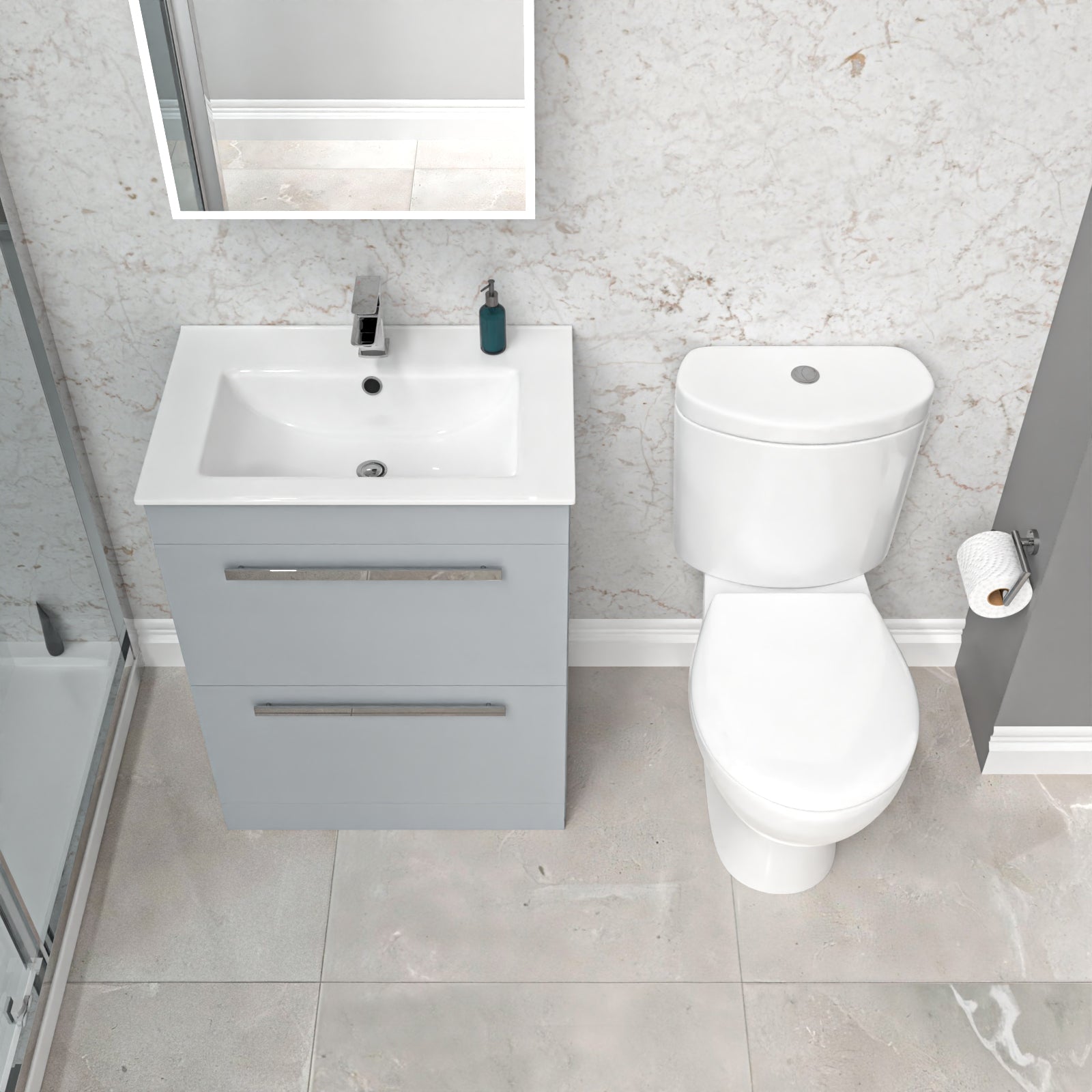 Nanuya 600mm Matte Grey Slim Basin 2 Drawers Vanity Cabinet & WC Toilet Pan