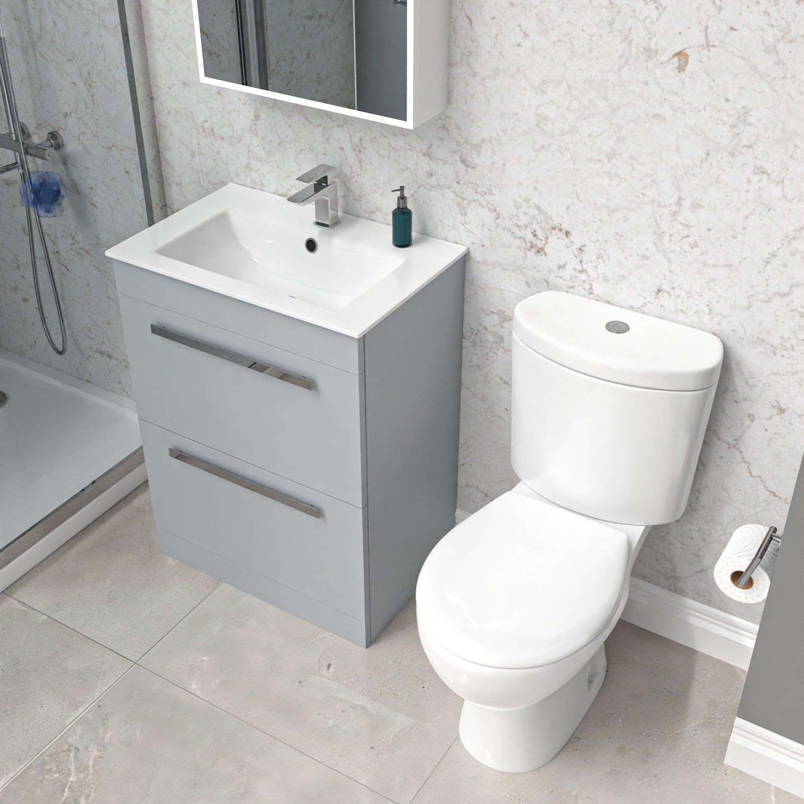 Nanuya 600mm Matte Grey Slim Basin 2 Drawers Vanity Cabinet & WC Toilet Pan