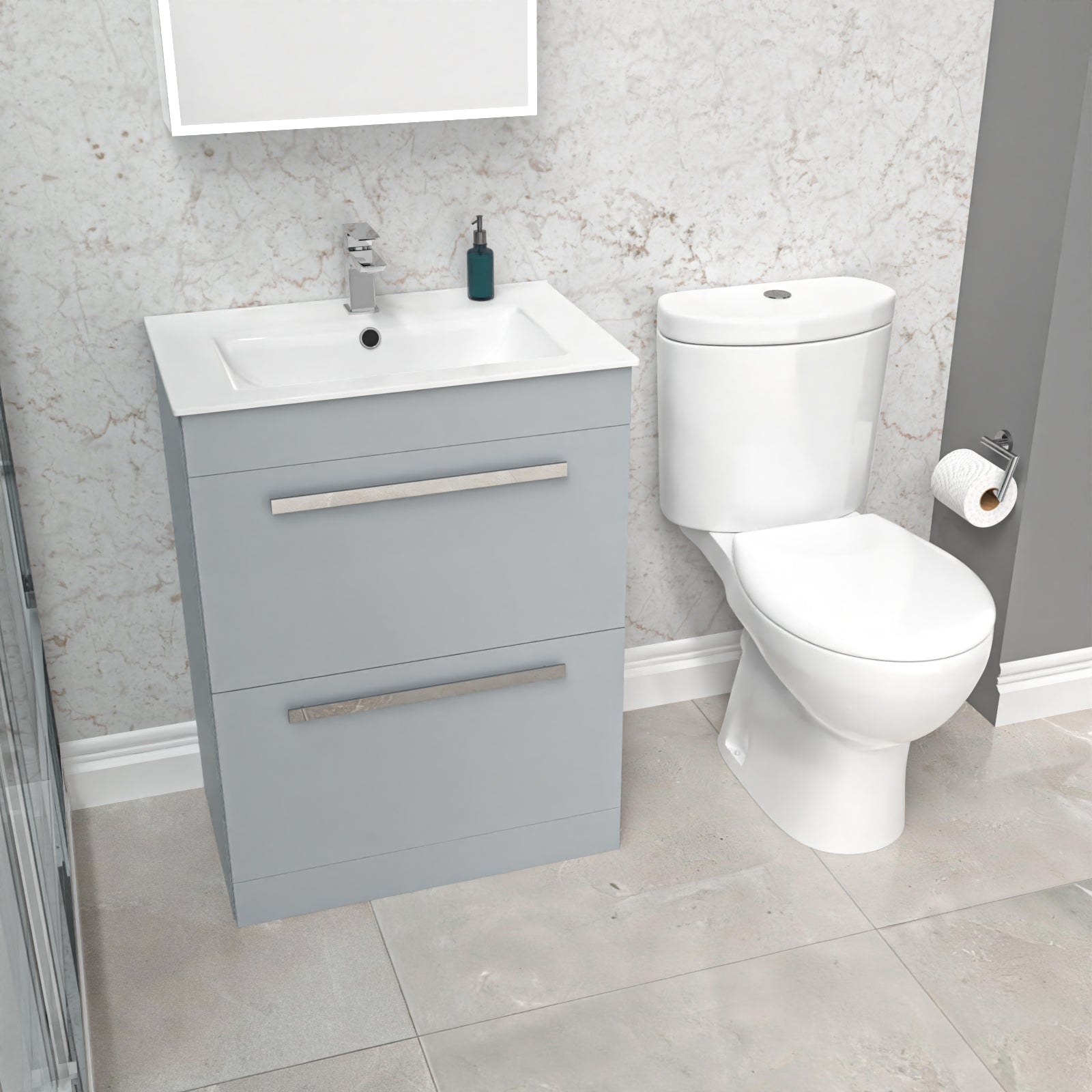 Nanuya 600mm Matte Grey Slim Basin 2 Drawers Vanity Cabinet & WC Toilet Pan