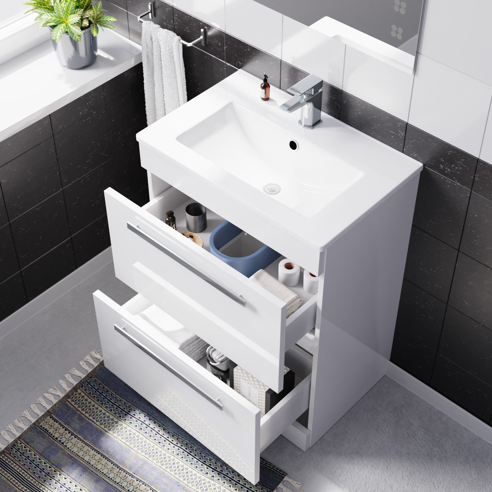 Nanuya 605mm Slim Basin 2 Drawer Vanity Cabinet & WC Toilet Pan 2-Piece Suite