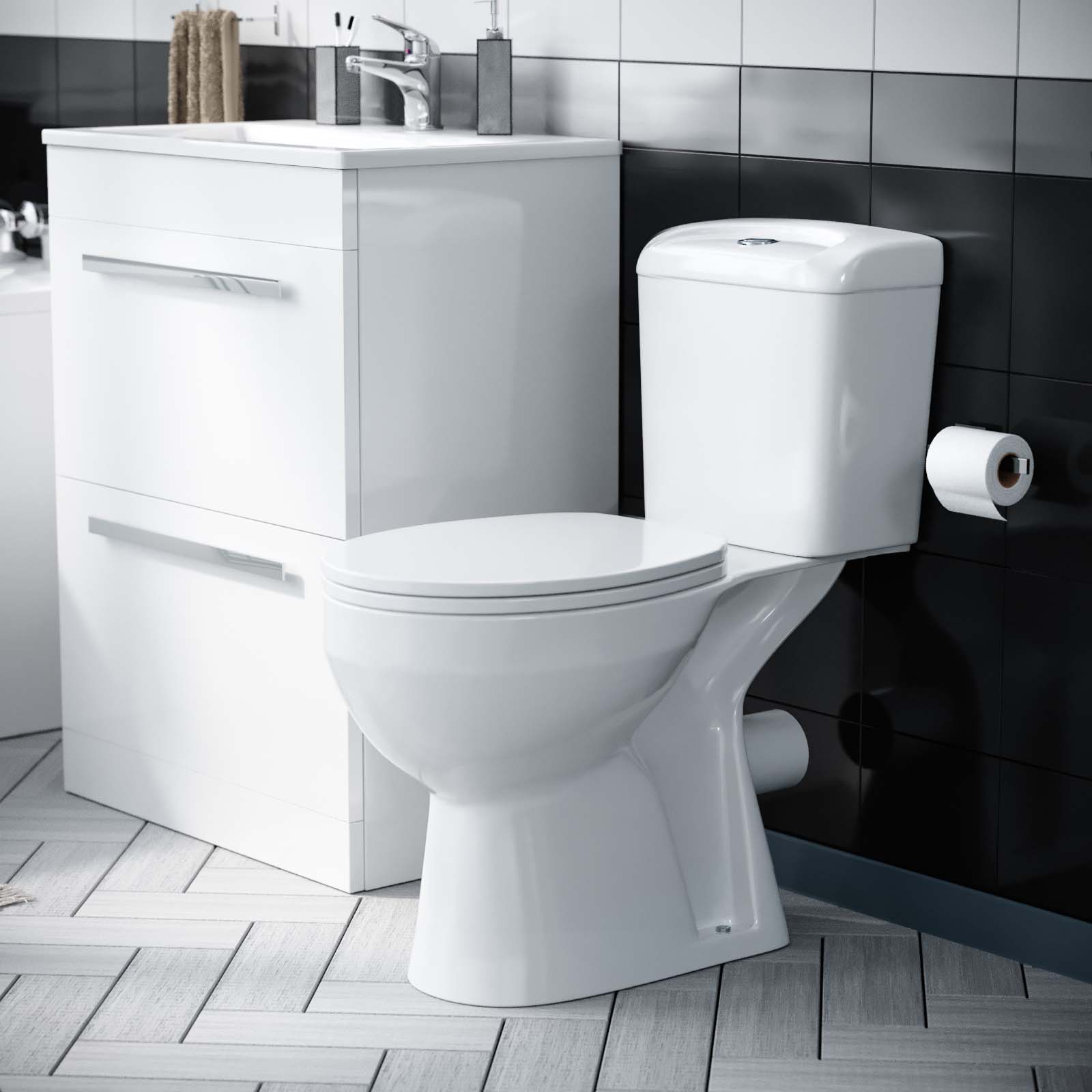 Nanuya White 1700mm Bath, Close Coupled Toilet & 2 Drawer Vanity Slim Basin Cabinet