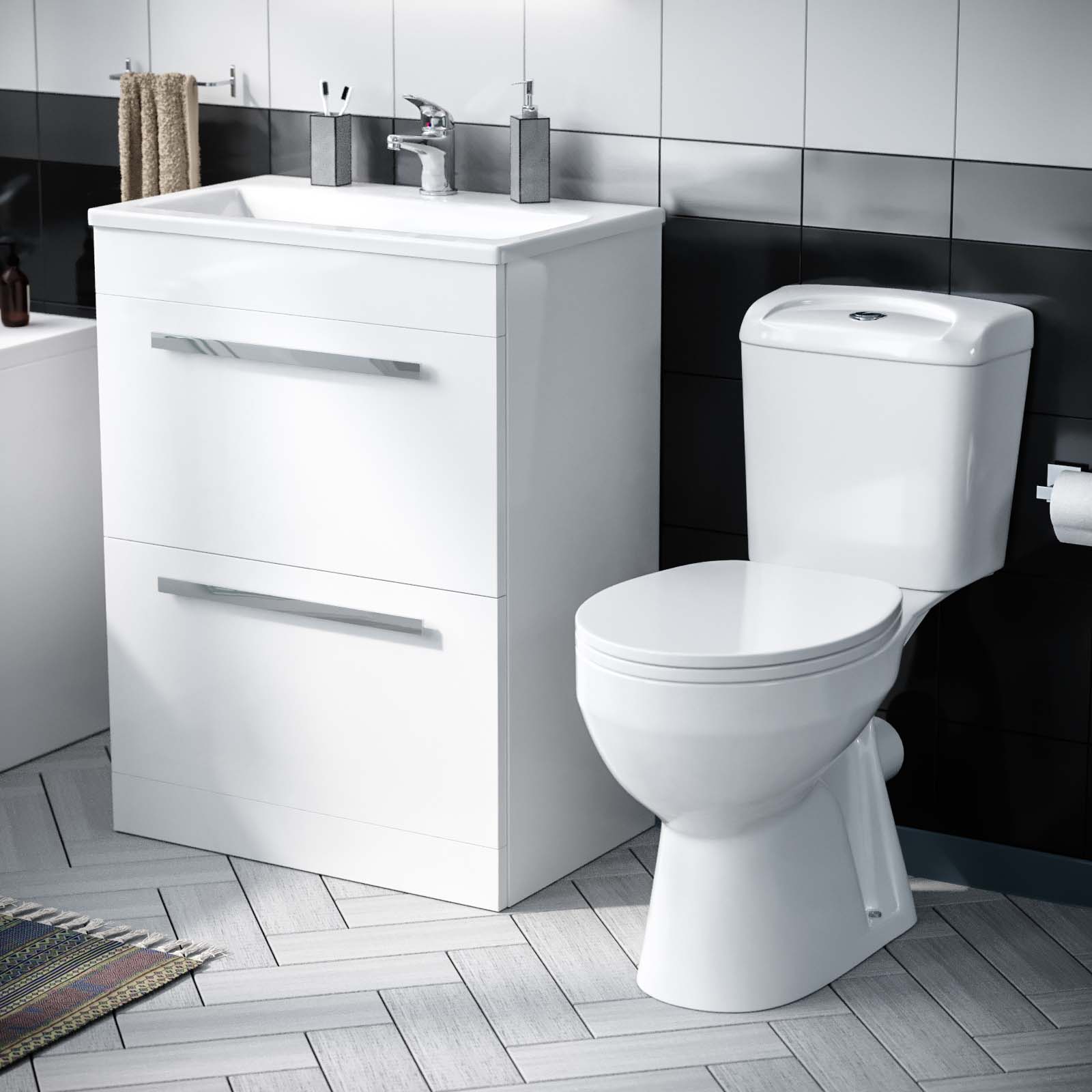 Nanuya White 1700mm Bath, Close Coupled Toilet & 2 Drawer Vanity Slim Basin Cabinet