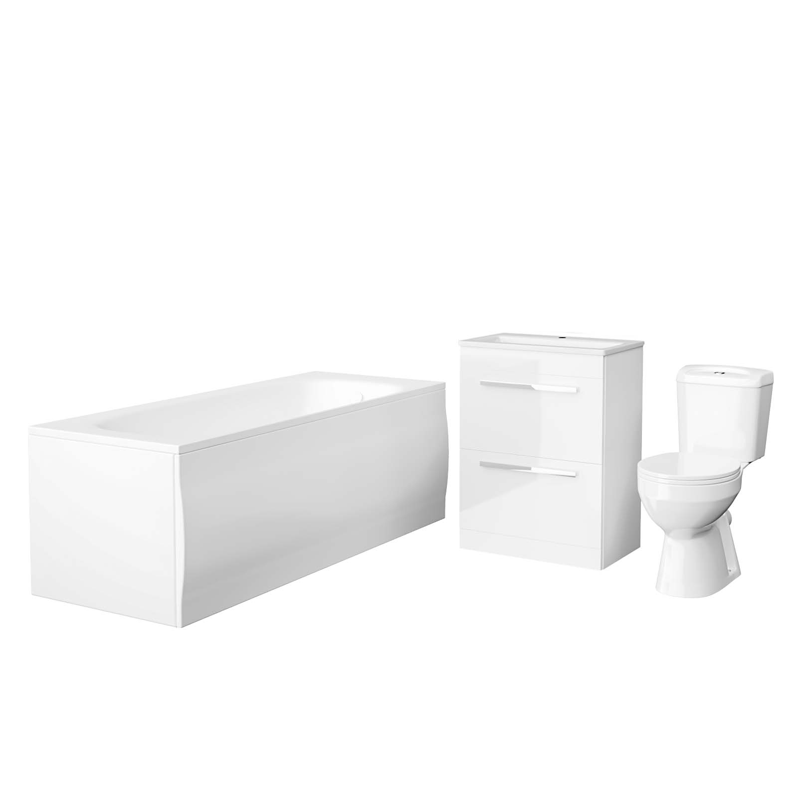 Nanuya White 1700mm Bath, Close Coupled Toilet & 2 Drawer Vanity Slim Basin Cabinet