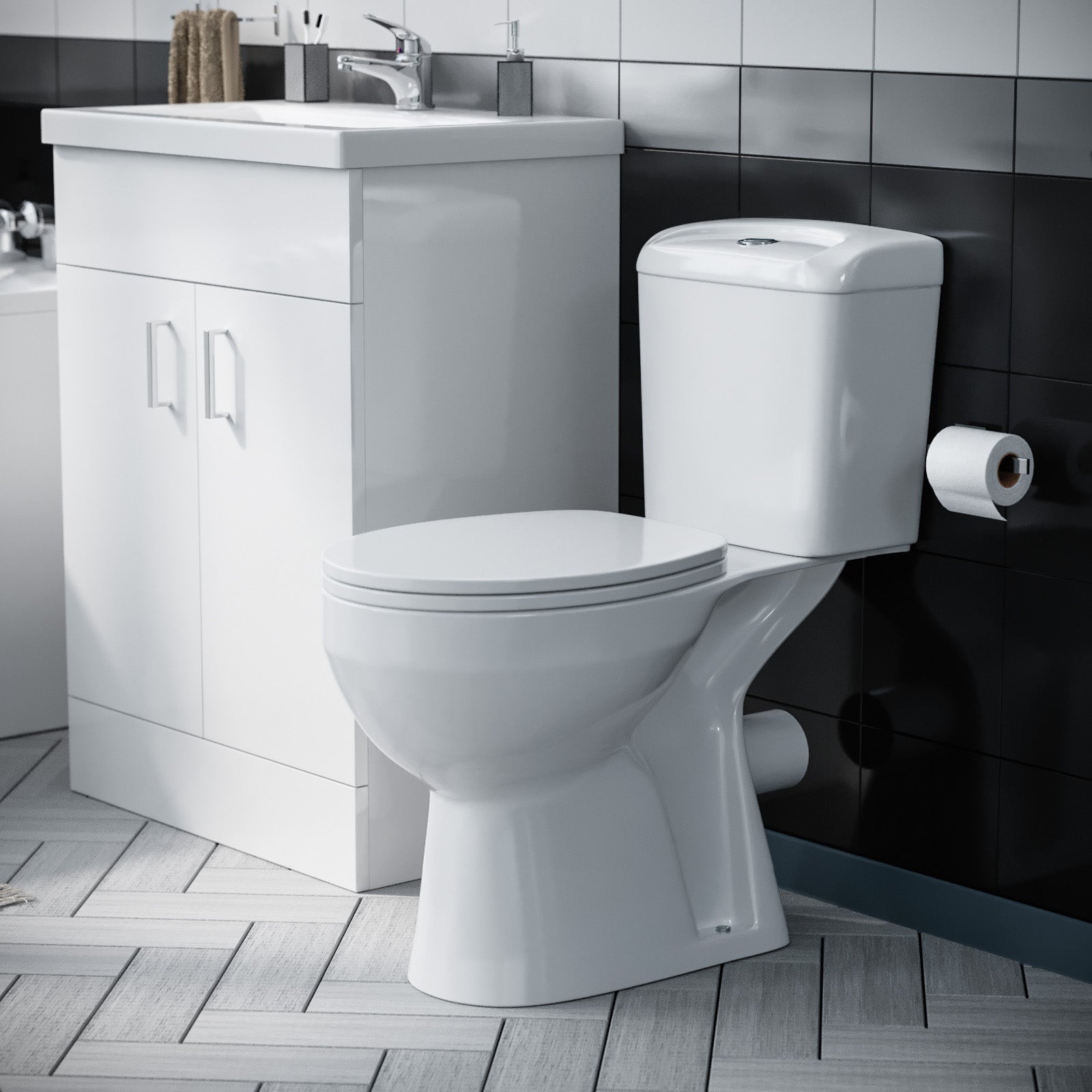 Nanuya 1700mm Bath, WC Toilet & Flat Pack 600 mm White Vanity Cabinet