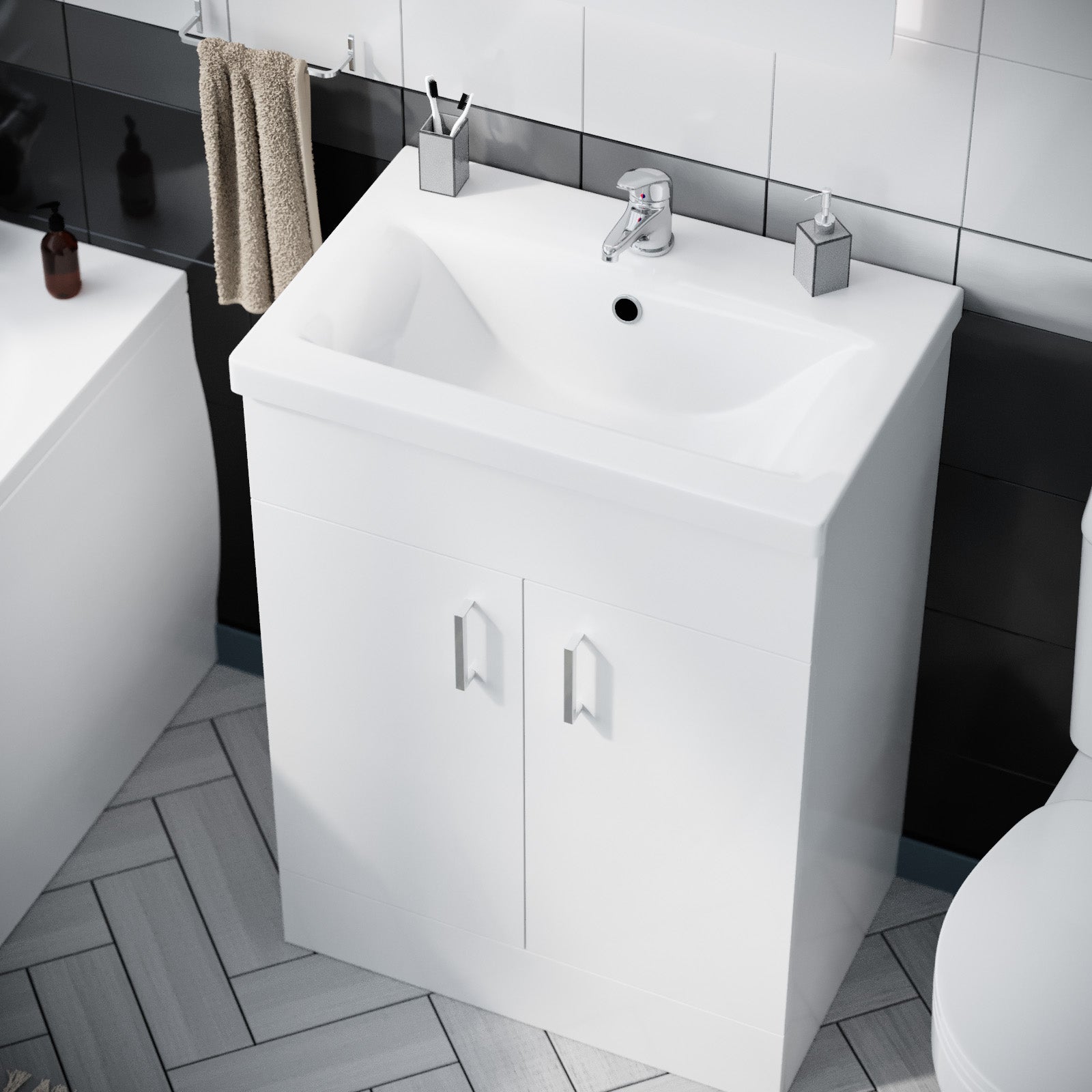 Nanuya 1700mm Bath, WC Toilet & 600 mm White Vanity Basin Cabinet