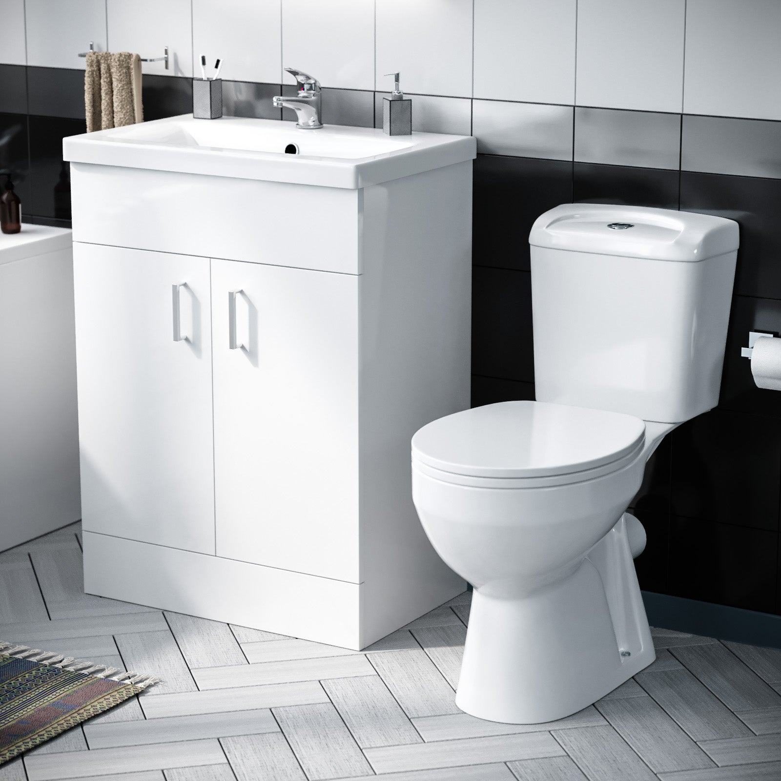 Nanuya 1700mm Bath, WC Toilet & 600 mm White Vanity Basin Cabinet