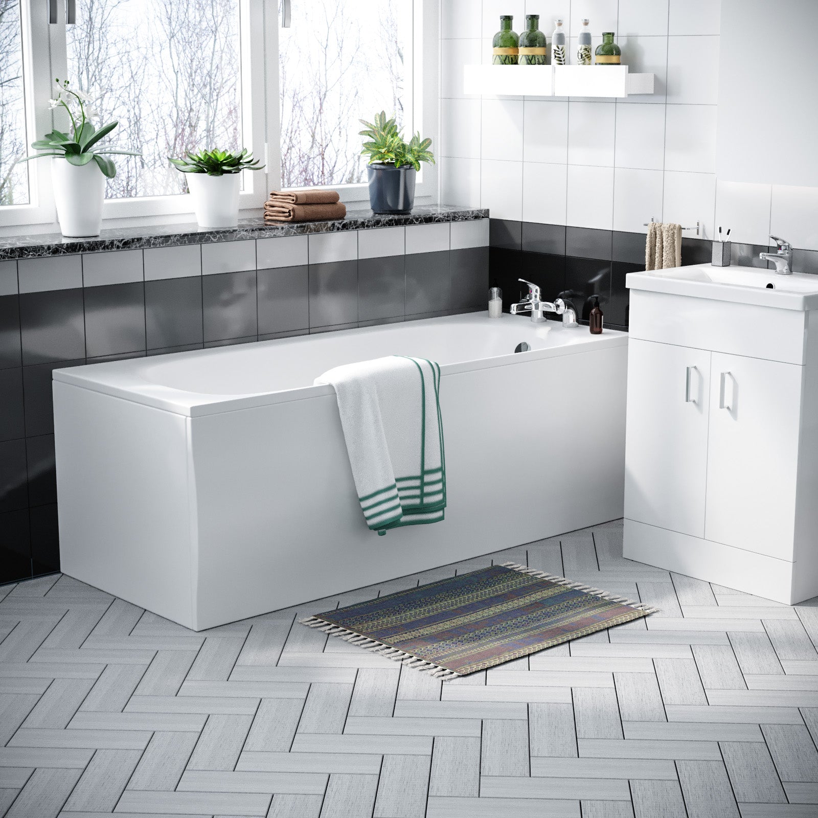 Nanuya 1700mm Bath, WC Toilet & 600 mm White Vanity Basin Cabinet