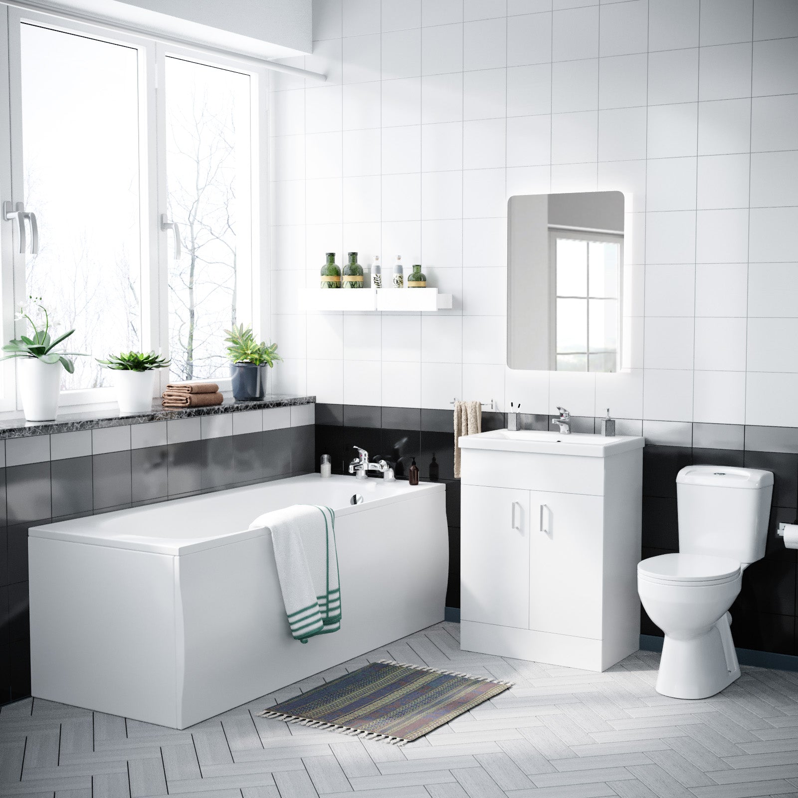 Nanuya 1700mm Bath, WC Toilet & Flat Pack 600 mm White Vanity Cabinet