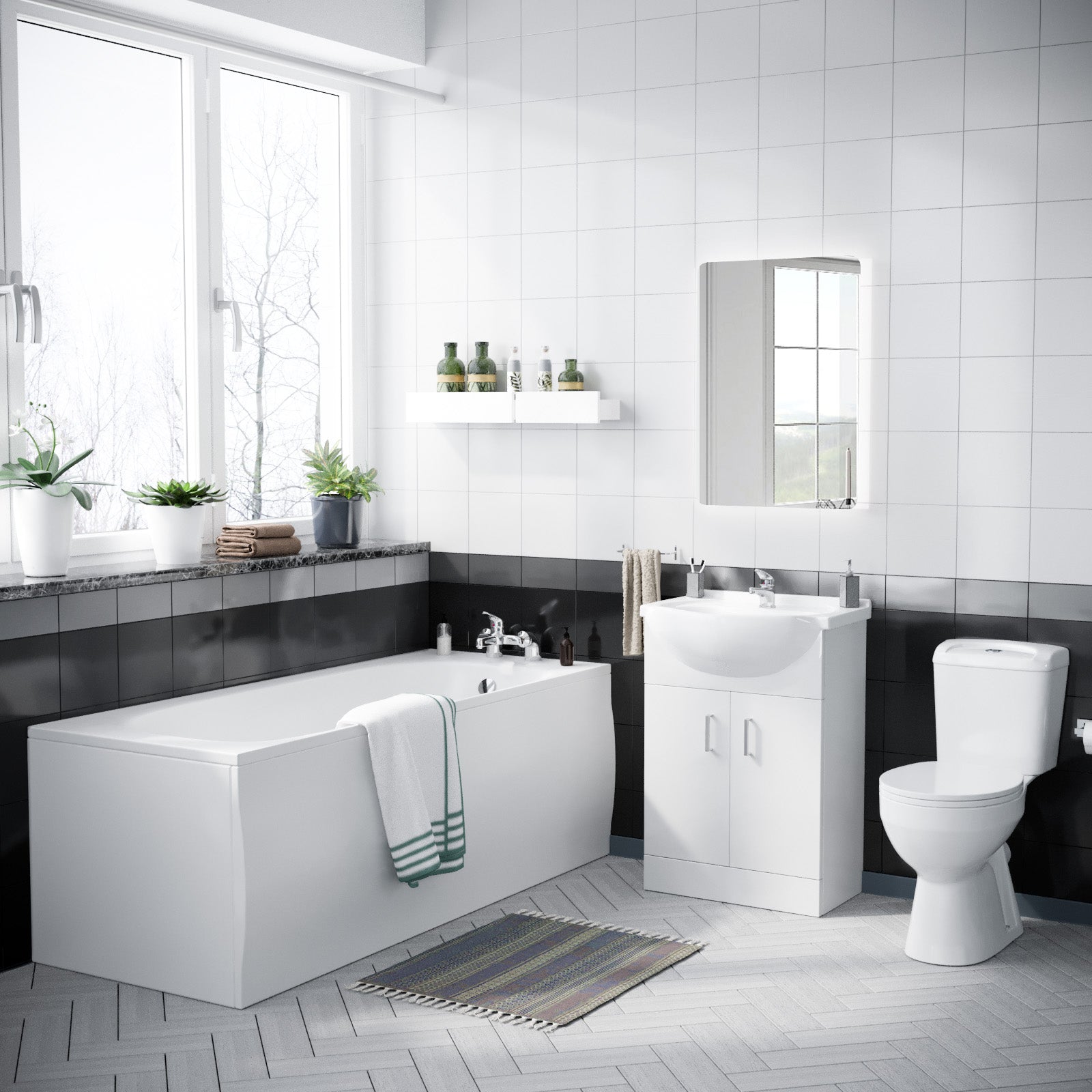 Ellen Bath Suite, 1700mm Bath, Close Coupled Toilet & Vanity Basin Cabinet