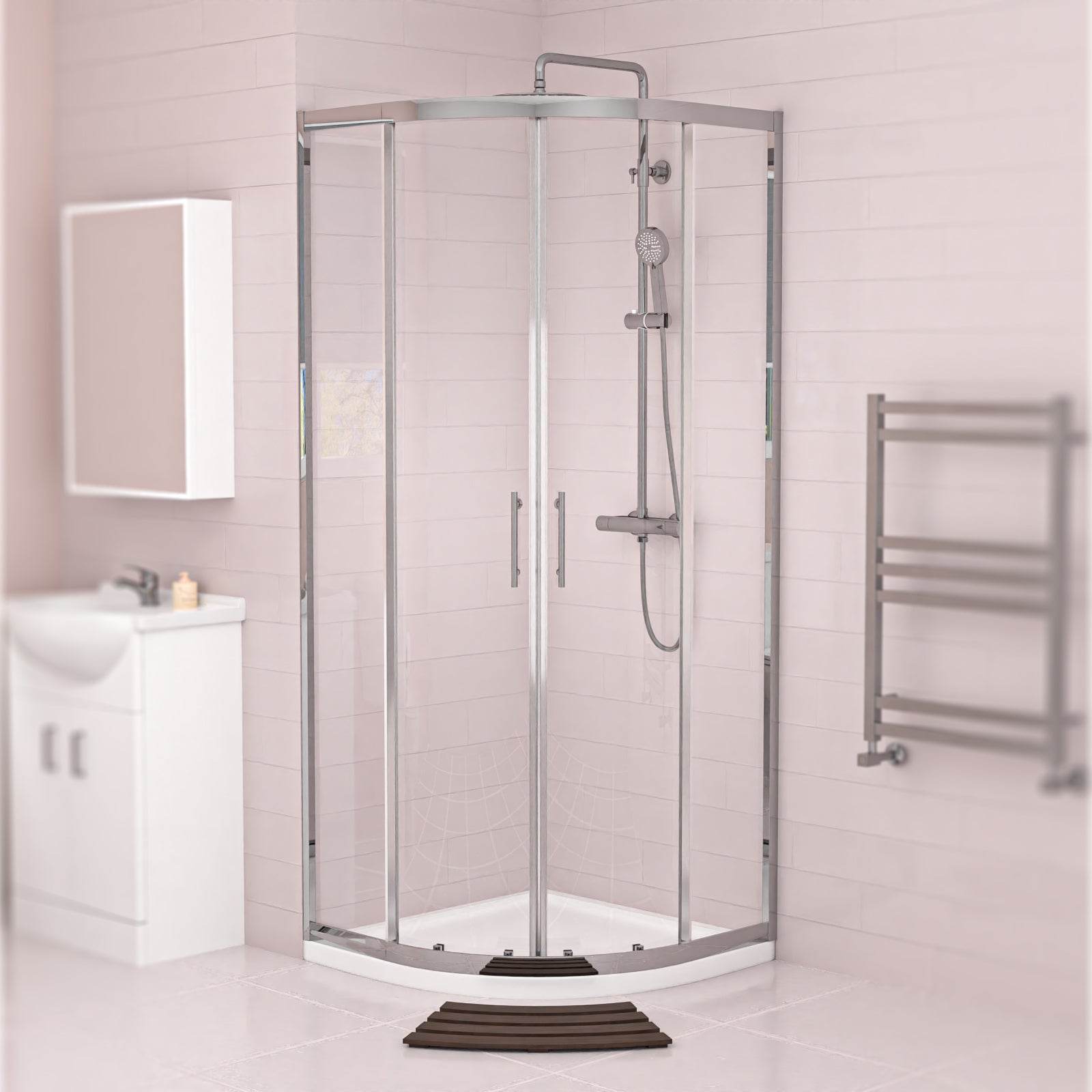 Ellen White Vanity Toilet & Chrome 900mm Quadrant Enclosure Tray with Exposed Shower