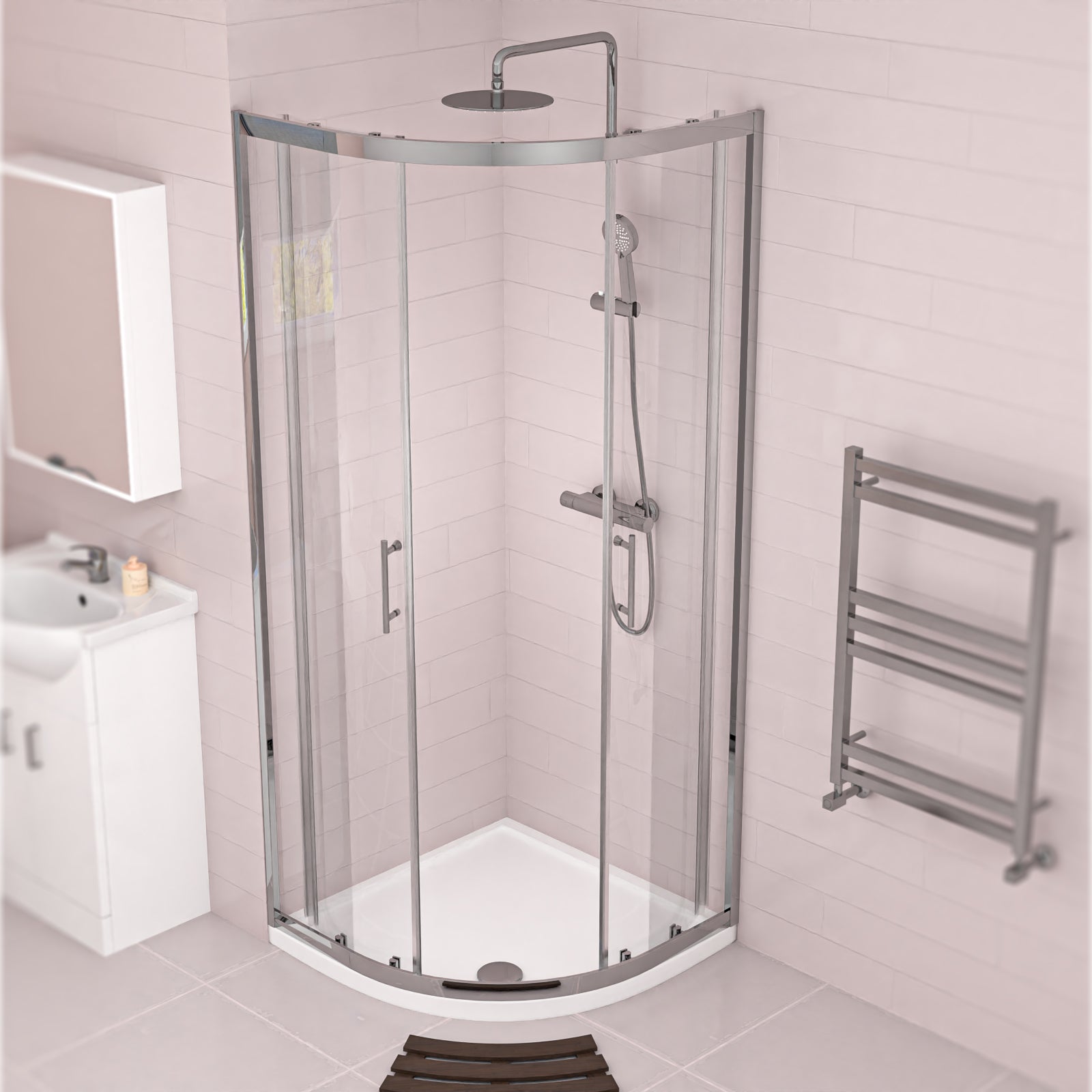 Ellen White Vanity Toilet & Chrome 900mm Quadrant Enclosure Tray with Exposed Shower
