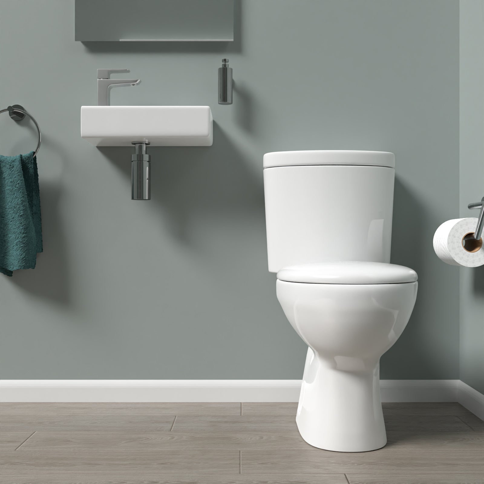 White Round Close Coupled Toilet with Cloakroom LH 360mm Wall Hung Basin