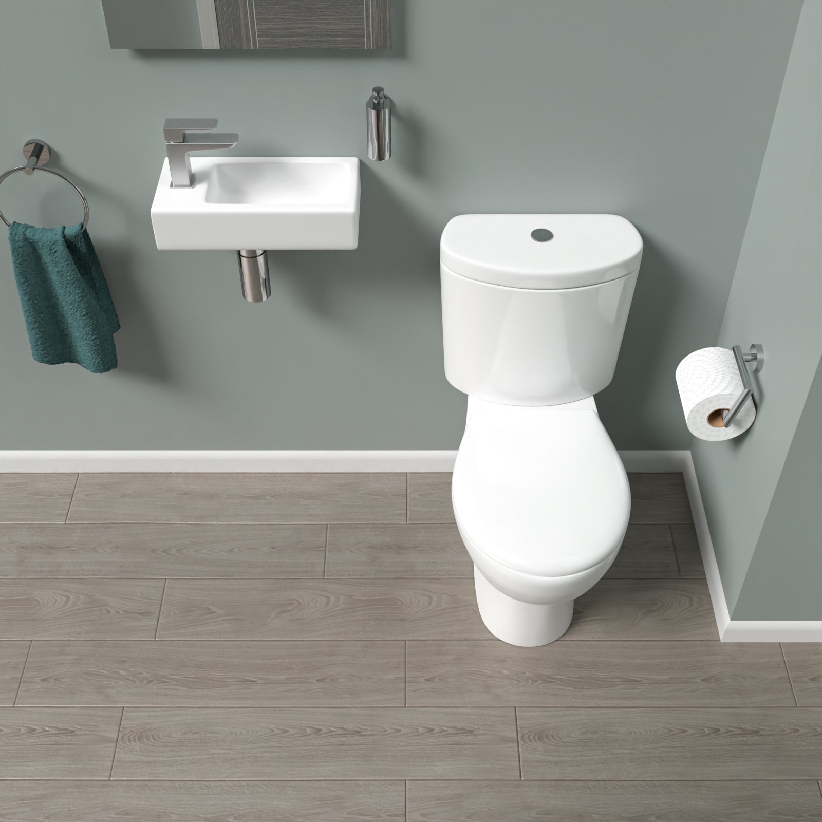 White Round Close Coupled Toilet with Cloakroom LH 360mm Wall Hung Basin